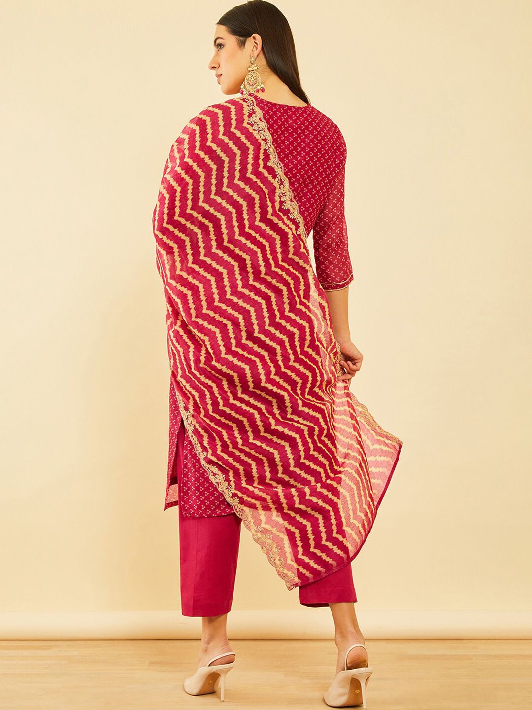 Dhiyona SO Women's Bandhani Printed Sequinned Chanderi Silk Kurta & Trousers With Dupatta