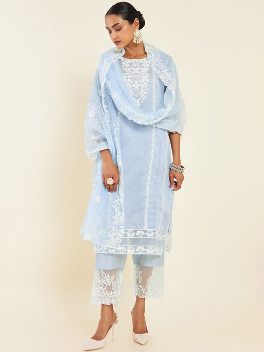 Dhiyona SO Women's Blue & White Floral Embroidered Chanderi Silk Kurta With Trousers & Dupatta
