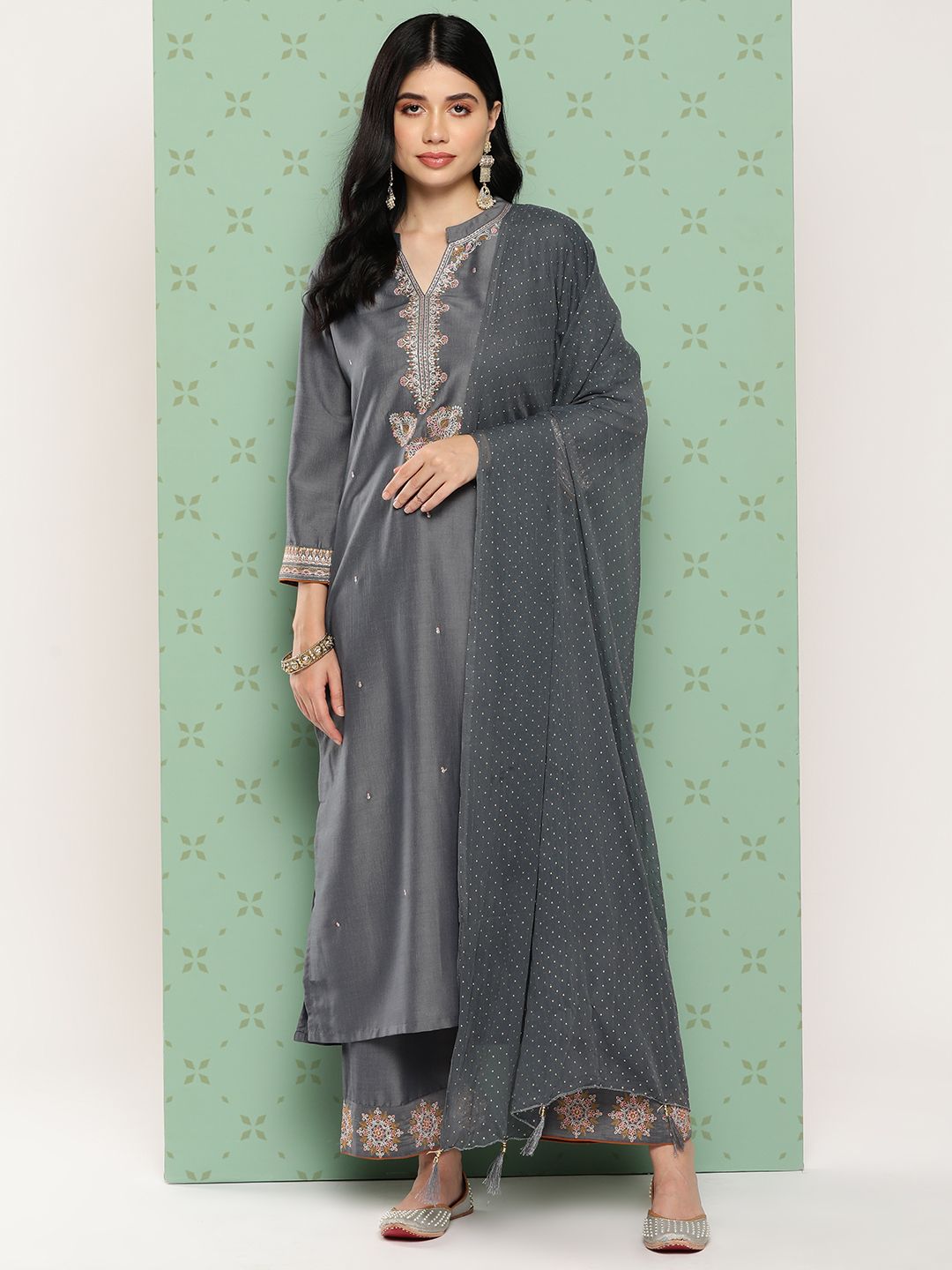 Dhiyona VA Women's Ethnic Motifs Yoke Design Regular Thread Work Kurta with Trousers & Dupatta