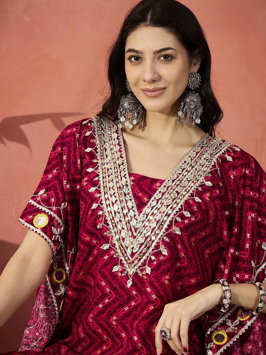 Dhiyona IS Women's Geometric Printed V-Neck Gotta Patti Kaftan Kurti With Trousers