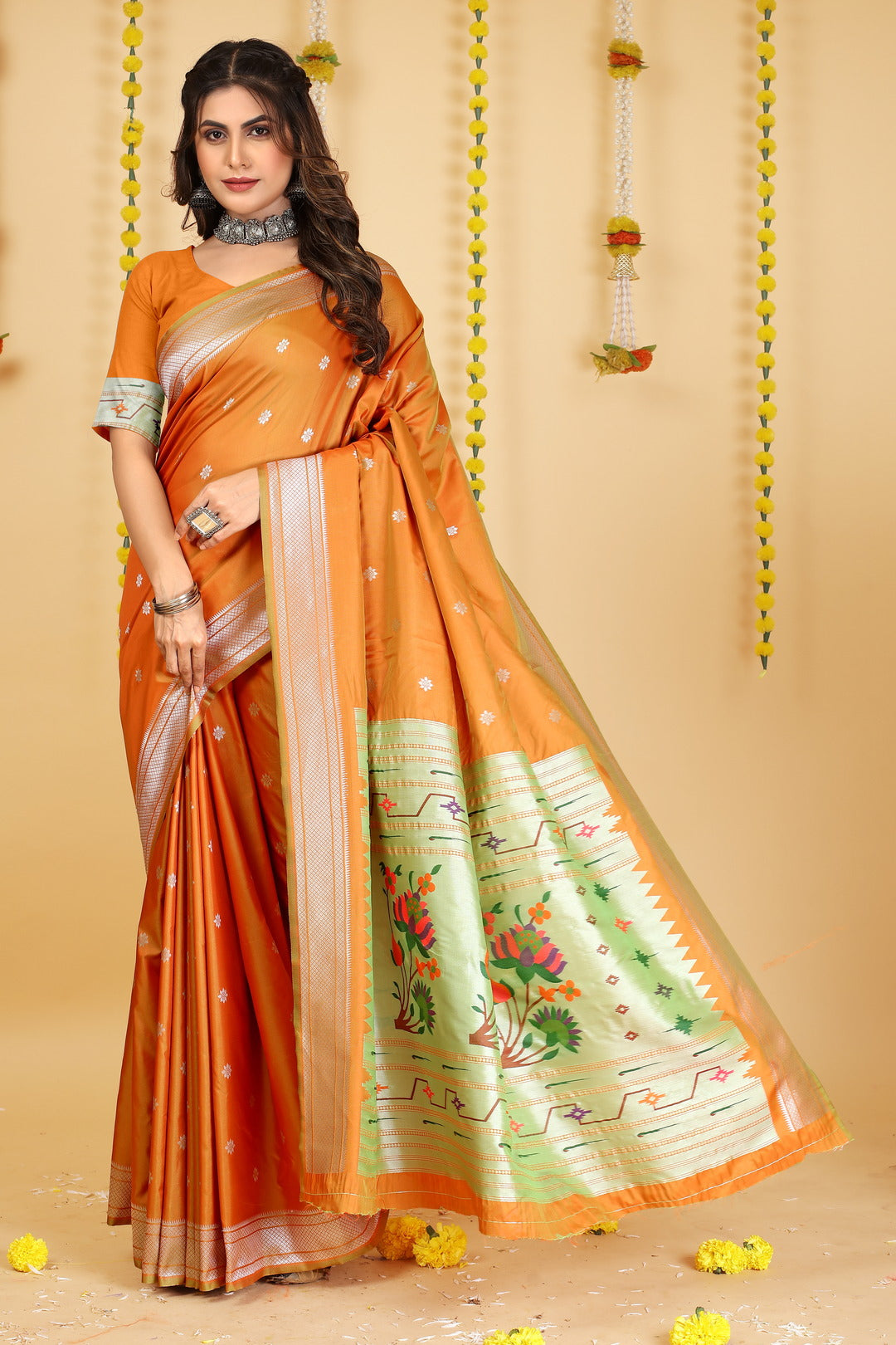 Dhiyona GR Women's Mastani Kesar Orange Zari Paithani Silk Saree