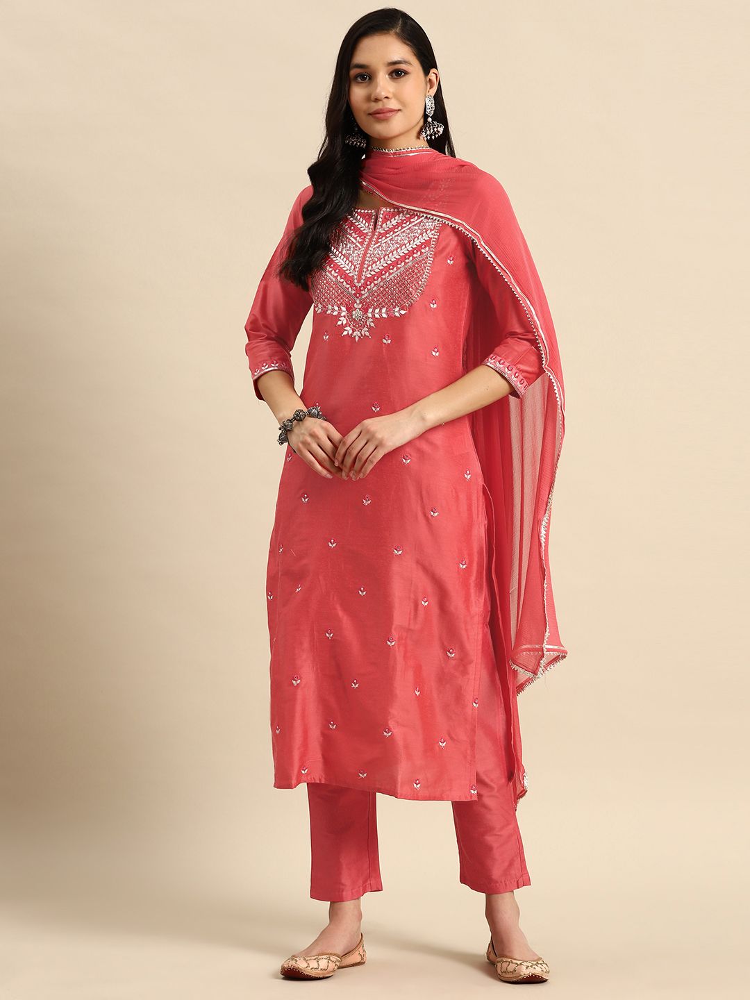 Dhiyona SN Women's Floral Embroidered Sequinned Kurta with Trousers & Dupatta