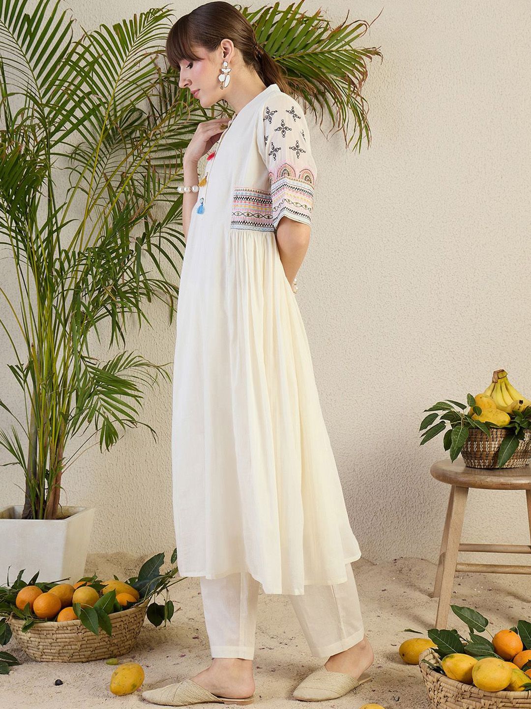 Dhiyona IE Women Ethnic Motifs Embroidered Sequinned Pure Cotton A-Line Kurta with Trousers