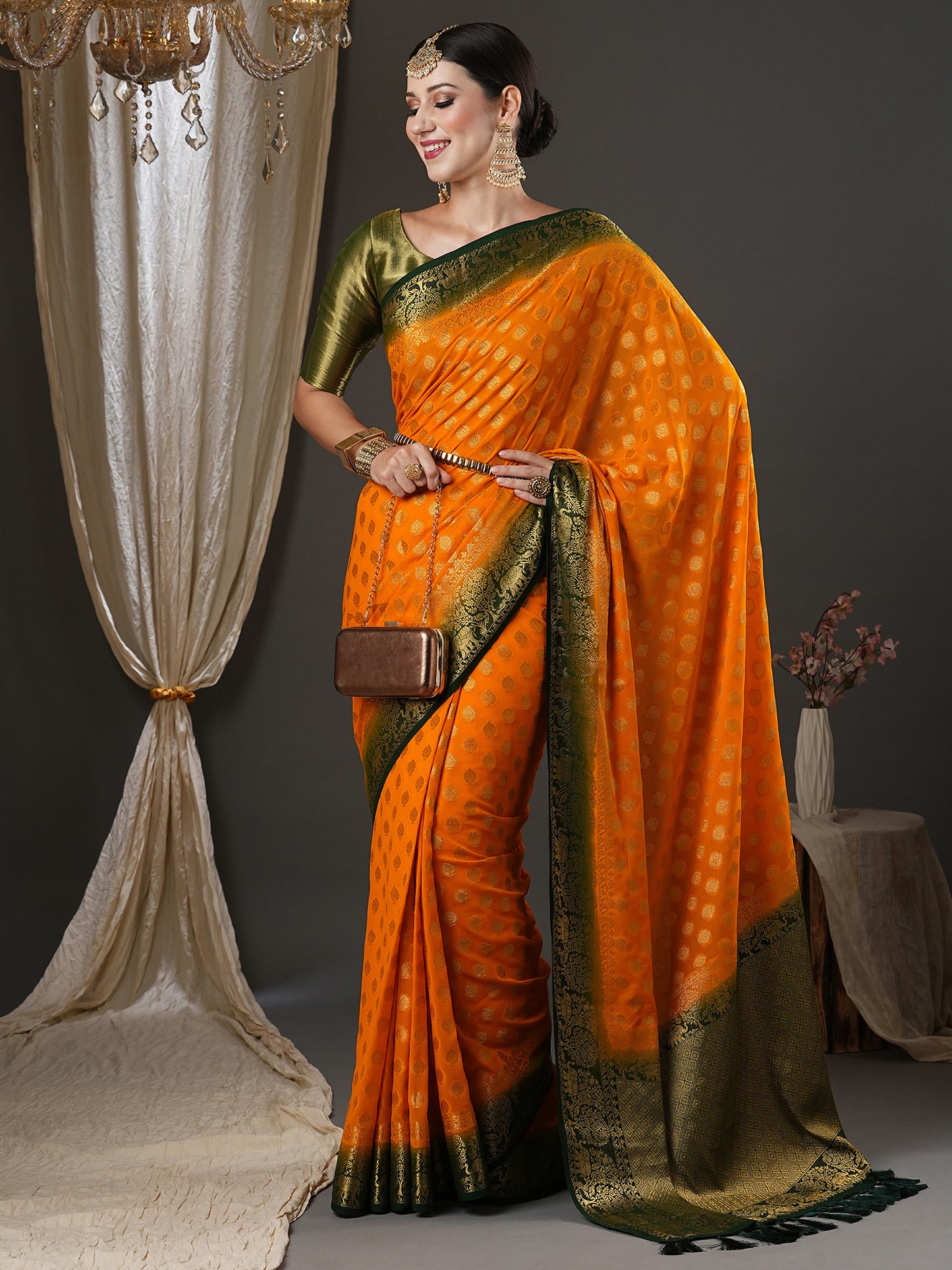 Women's Georgette Yellow Woven Design Designer Saree With Blouse Piece