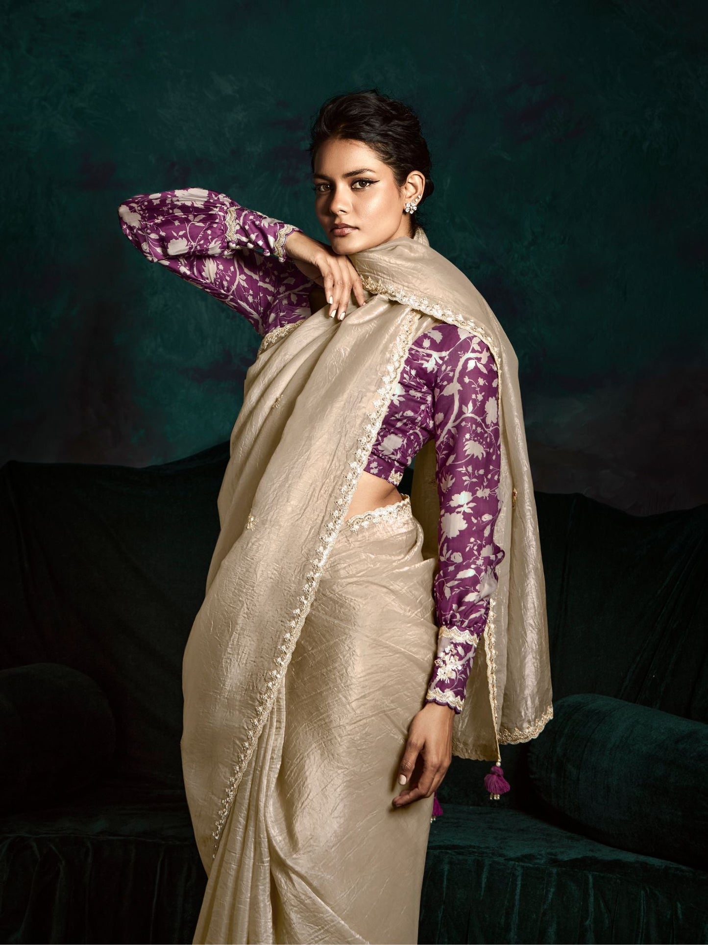 Dhiyona KM Women The Beige Designer Organza Saree: Effortless Elegance For Every Occasion