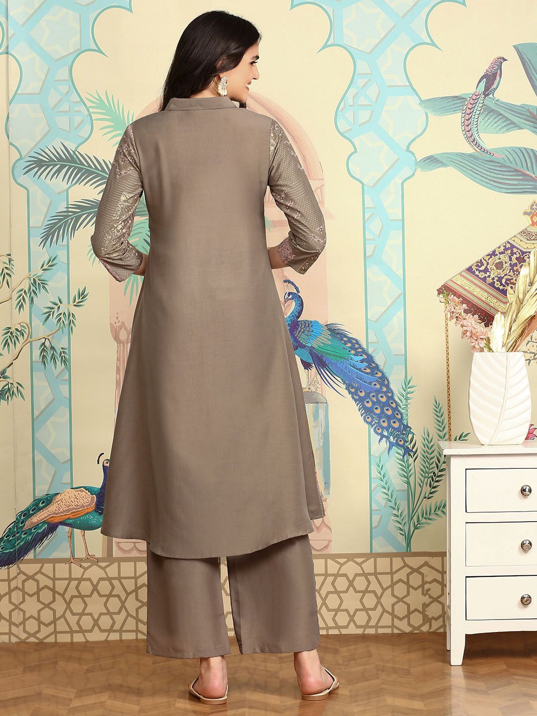 Dhiyona IS Women's Floral Printed Regular Three-Quarter Sleeves Shirt Collar Kurta with Trousers