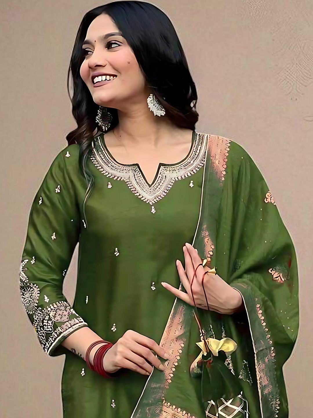 Dhiyona SN Women's Floral Embroidered Sequinned Straight Kurta with Pyjama & Dupatta
