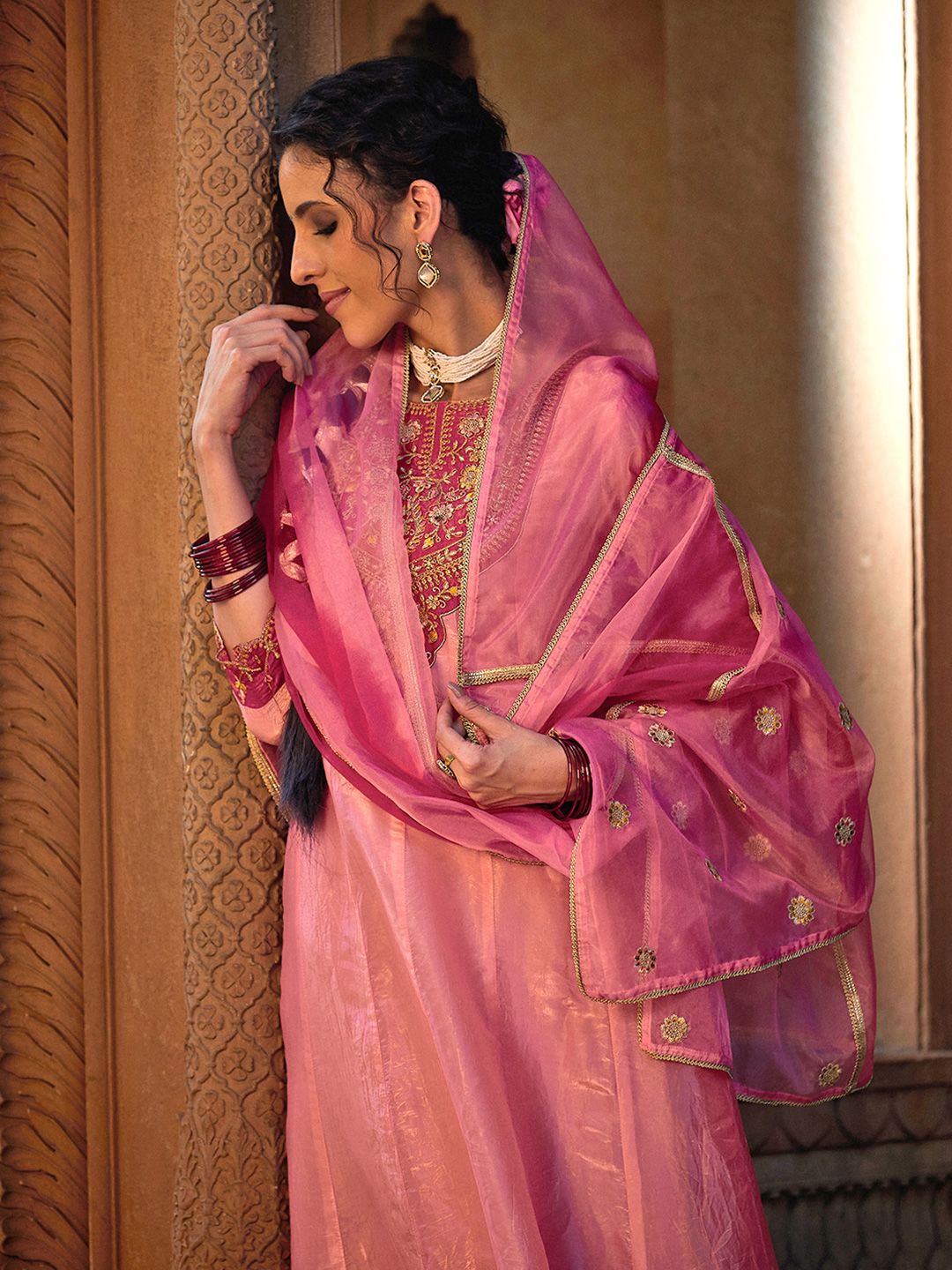 Dhiyona CH Women Floral Embroidered A-Line Kurta with Trousers & Dupatta