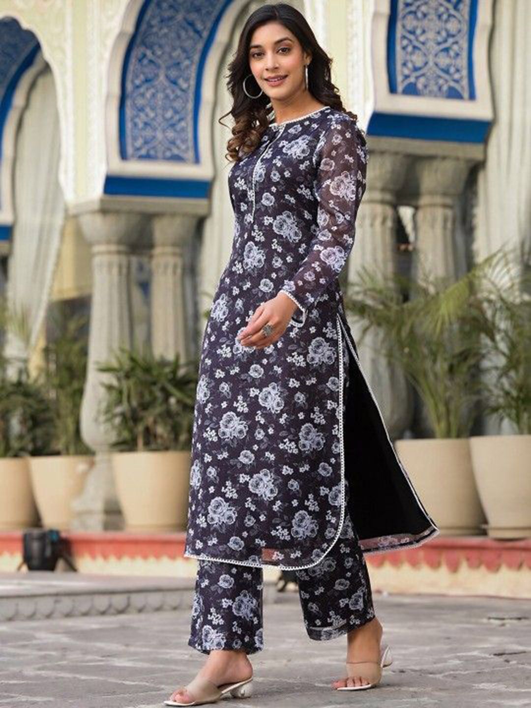 Dhiyona VA Women'sFloral Printed Pure Cotton Straight Kurta with Trousers