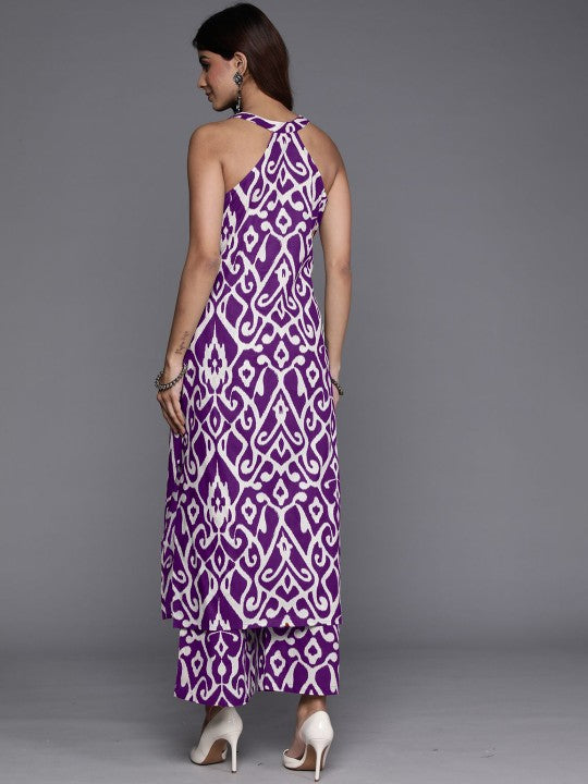 Dhiyona VR Women's Purple Ikat Printed Straight Kurta With Palazzo