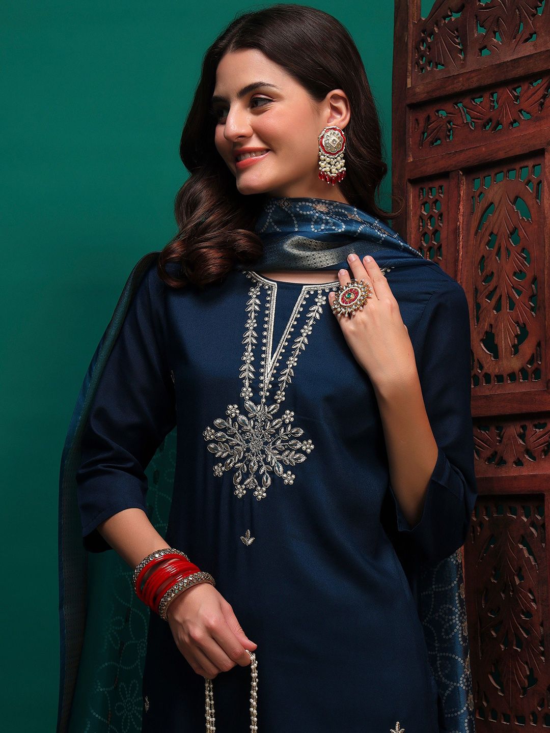 Dhiyona SN Women's Sequin Embroidered Straight Kurta & Trousers With Dupatta