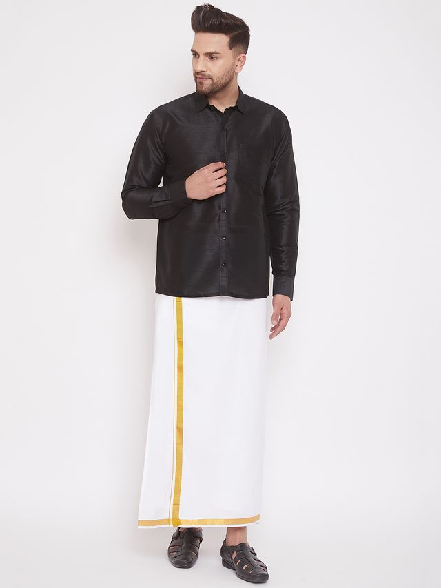 Men's Black Silk Blend Straight Ethnic Shirt
