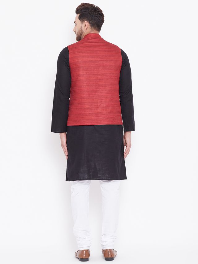Men's Black Cotton Blend Straight Jacket Kurta and Pyjama Set