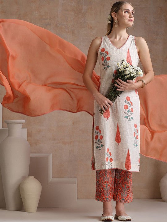 Women's Floral Printed Pure Cotton Straight Kurta with Palazzos & With Dupatta