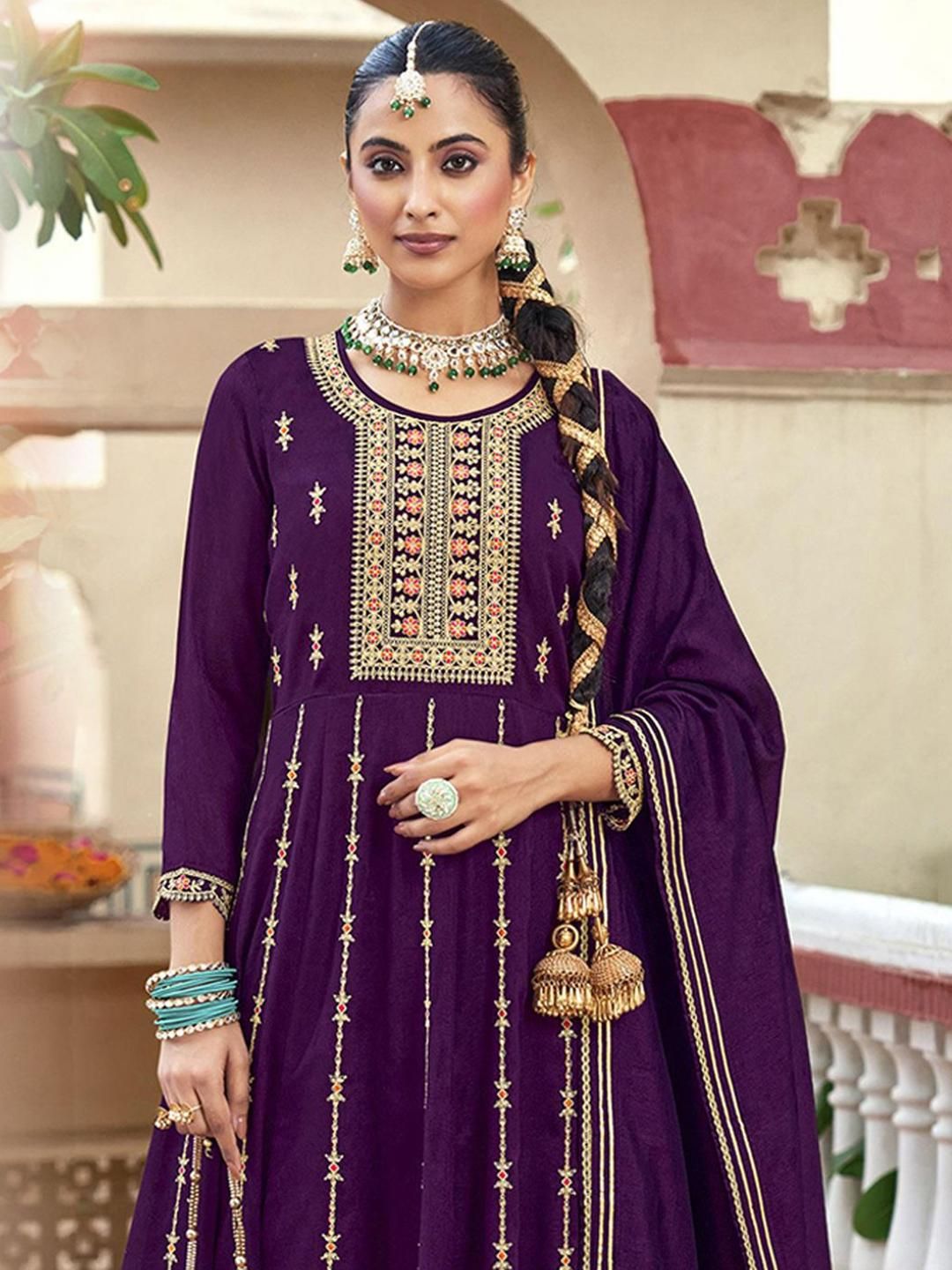 Dhiyona CH Floral Embroidered Pleated Sequinned Anarkali Kurta With Trousers & Dupatta