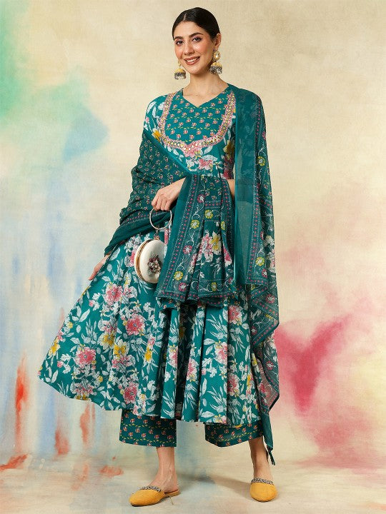 Women's Floral Printed Pure Cotton Anarkali Kurta With Palazzos And Dupatta