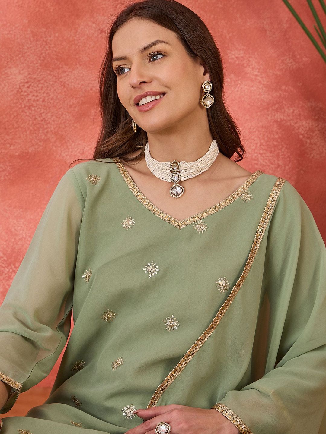 Dhiyona SN Women's Ethnic Motifs Embroidered V-Neck Kurta & Sharara With Dupatta