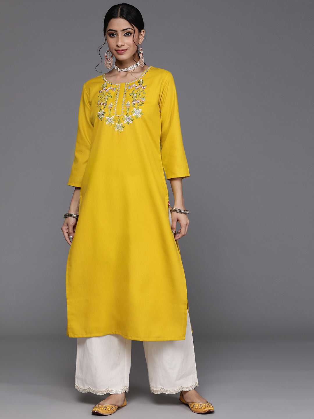 Dhiyona VR Women's Mustard Yellow Floral Yoke Embroidered Straight Kurta