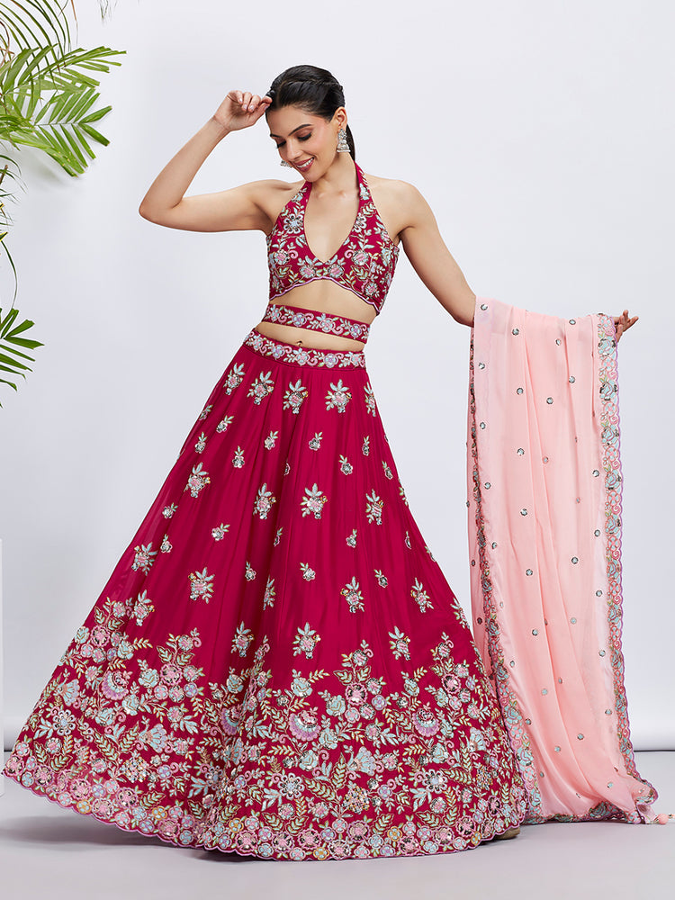 Women Rose Pure Georgette Sequins and thread embroidery Lehenga choli & Dupatta