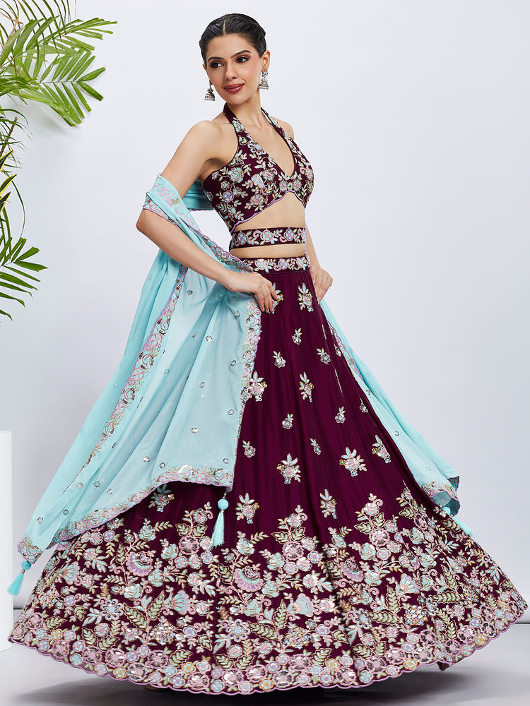Women Burgundy Pure Georgette Sequins and thread embroidery Lehenga choli & Dupatta
