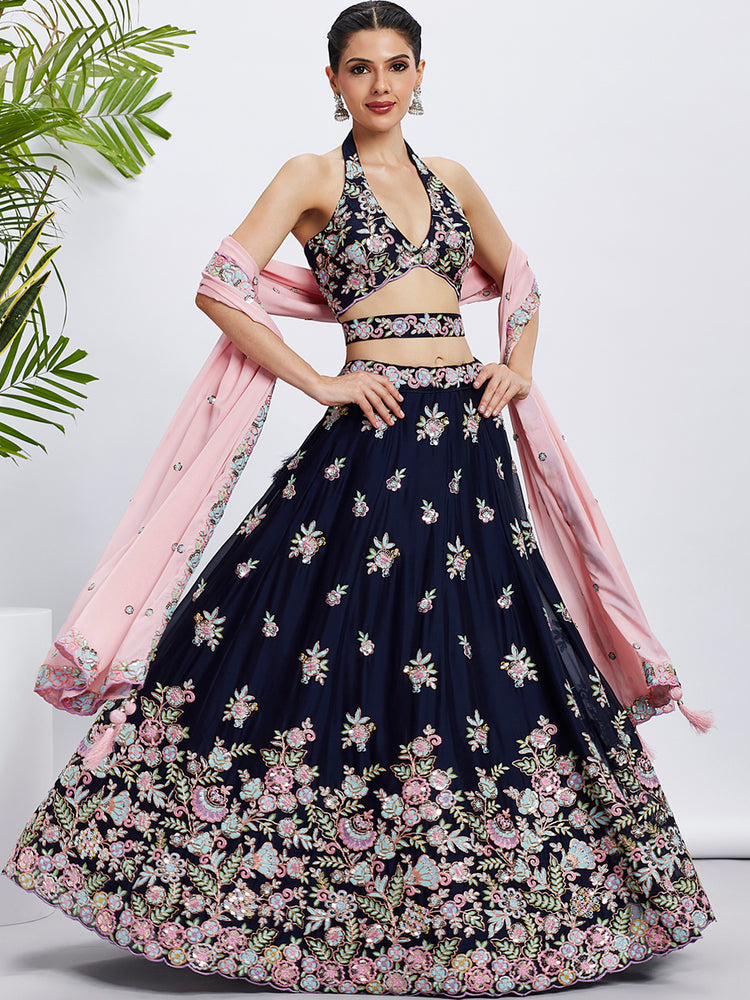 Women Navy blue Pure Georgette Sequins and thread embroidery Lehenga choli & Dupatta