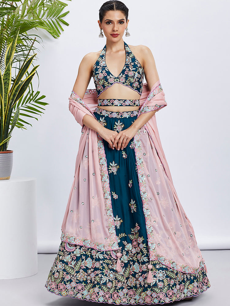 Women Teal Pure Georgette Sequins and thread embroidery Lehenga choli & Dupatta
