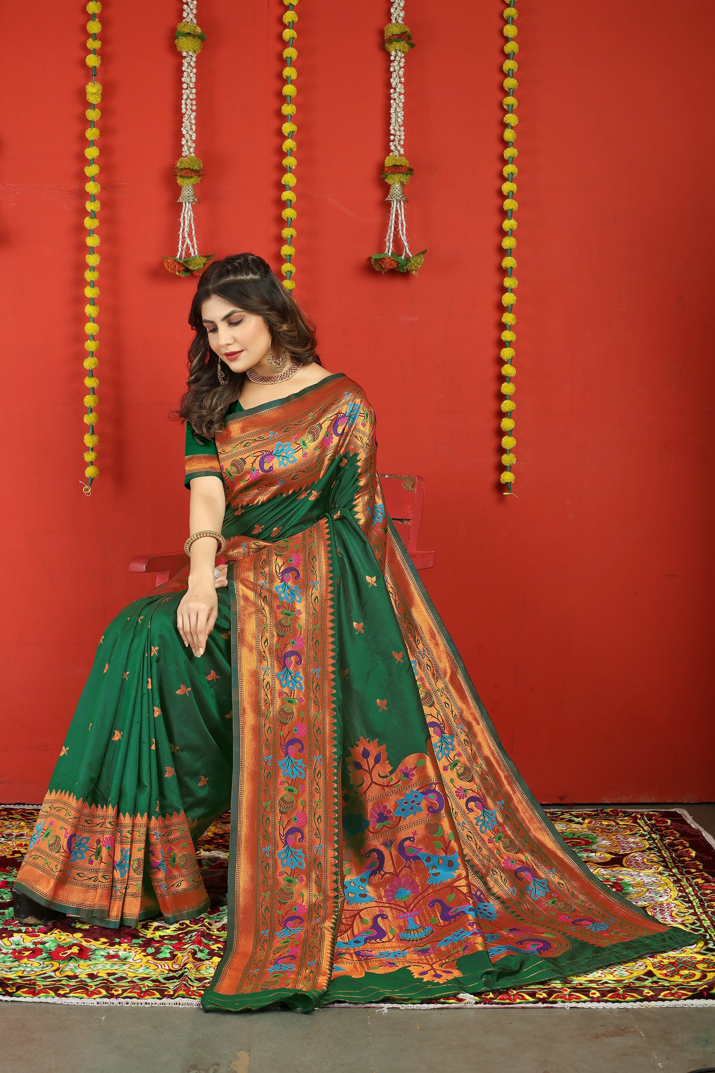 Dhiyona GR Women's Fancy Mor Bottle Green Zari Paithani Silk Saree