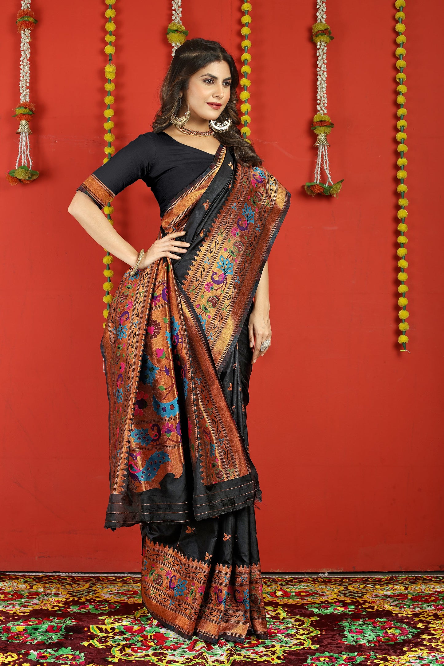 Dhiyona GR Women's Fancy Mor Black Zari Paithani Silk Saree