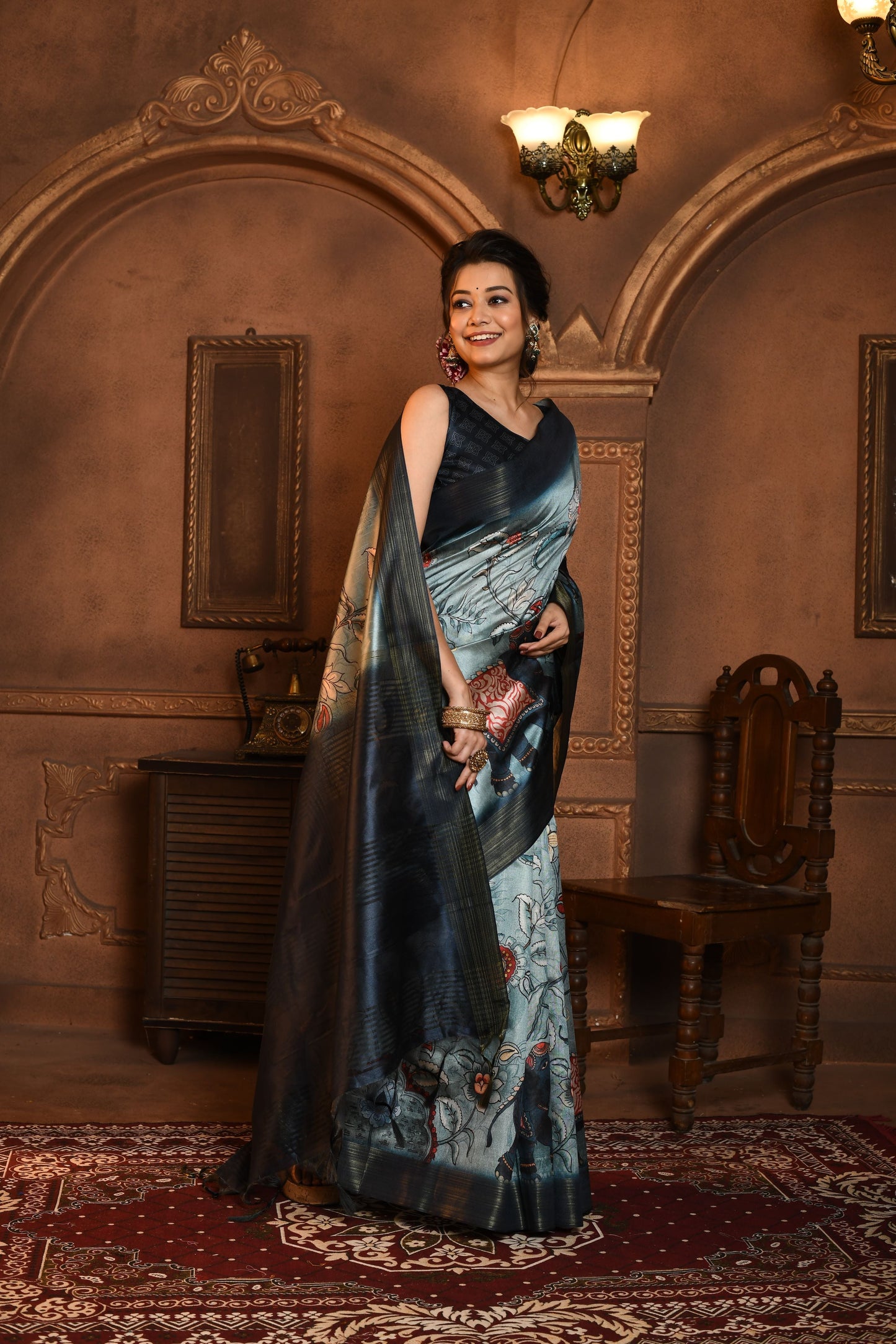Dhiyona GR Women's Grey & Navy Soft Ghicha Tussar Silk Saree with Beautiful Kalamkari Printed Work