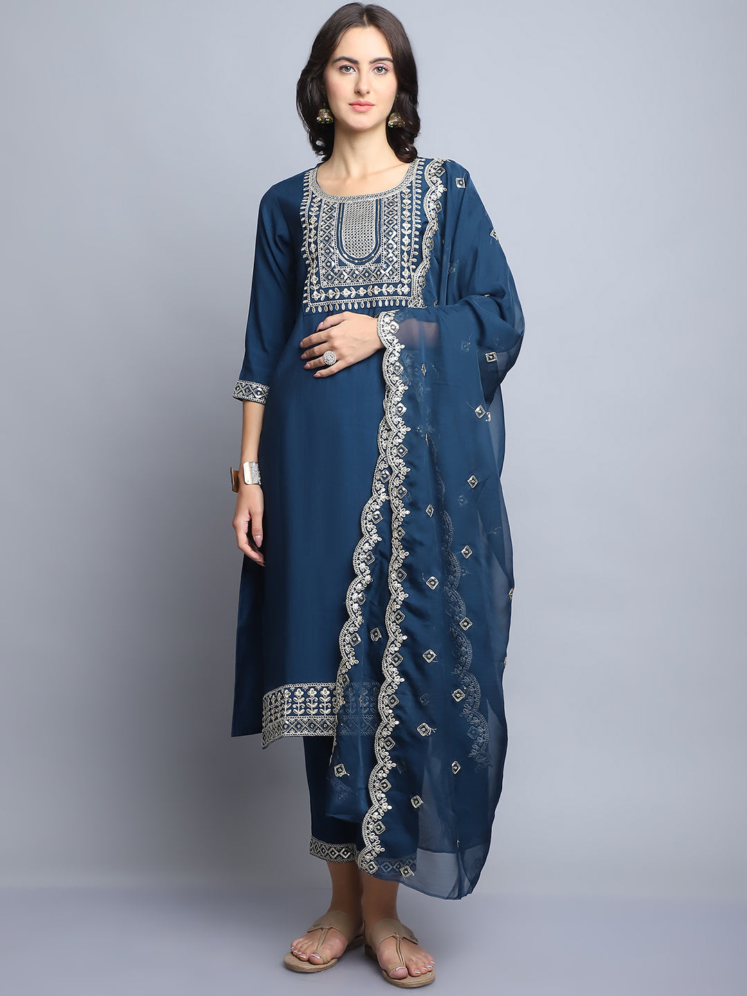 Women Navy Blue Embroidery silk Kurta And Pant Set With Dupatta