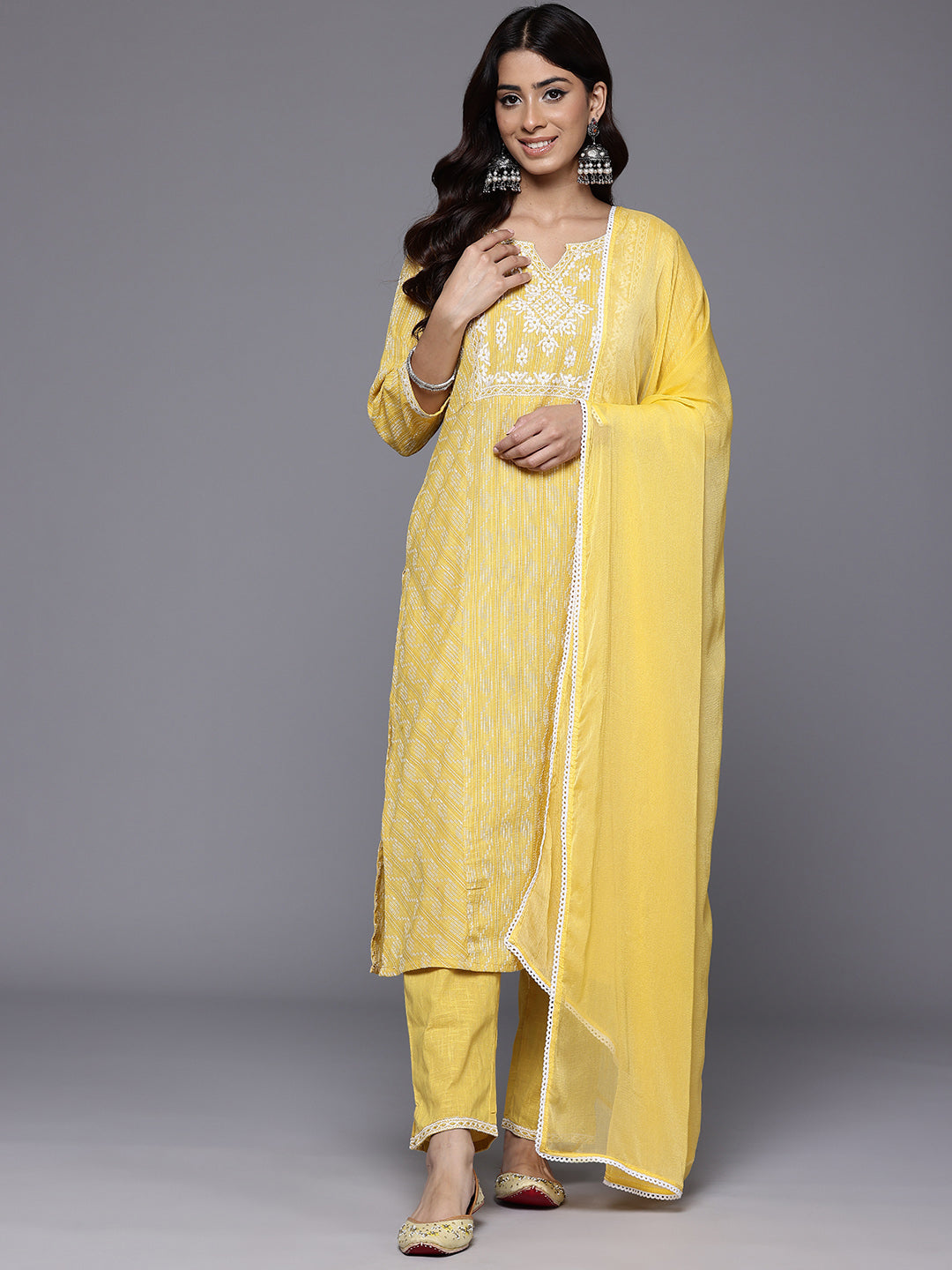 Dhiyona VR Women's Mustard Woven Design Round Neck, Three Quarter Sleeves Paired With Tonal Bottom And Dupatta