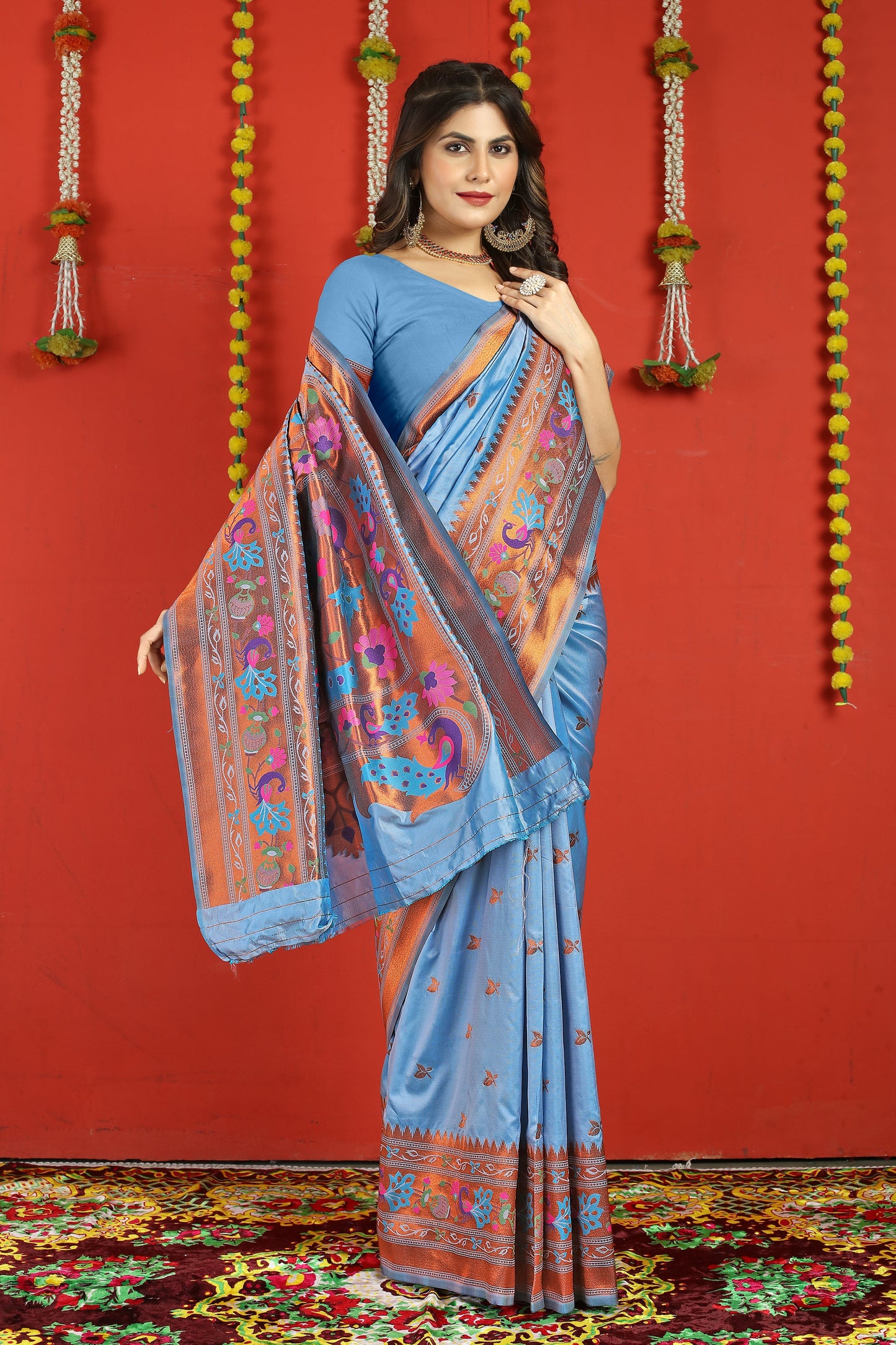 Dhiyona GR Women's Fancy Mor Sky Blue Zari Paithani Silk Saree
