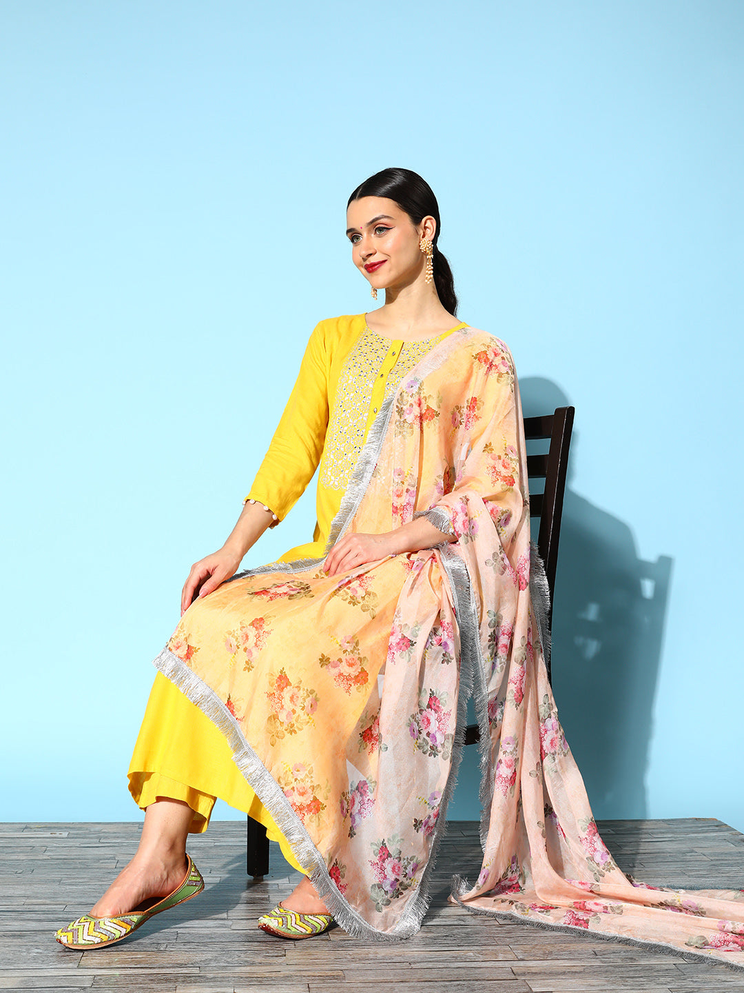 Dhiyona VR Women's Yellow Embroidered Kurta With Trouser And Embroidered Dupatta