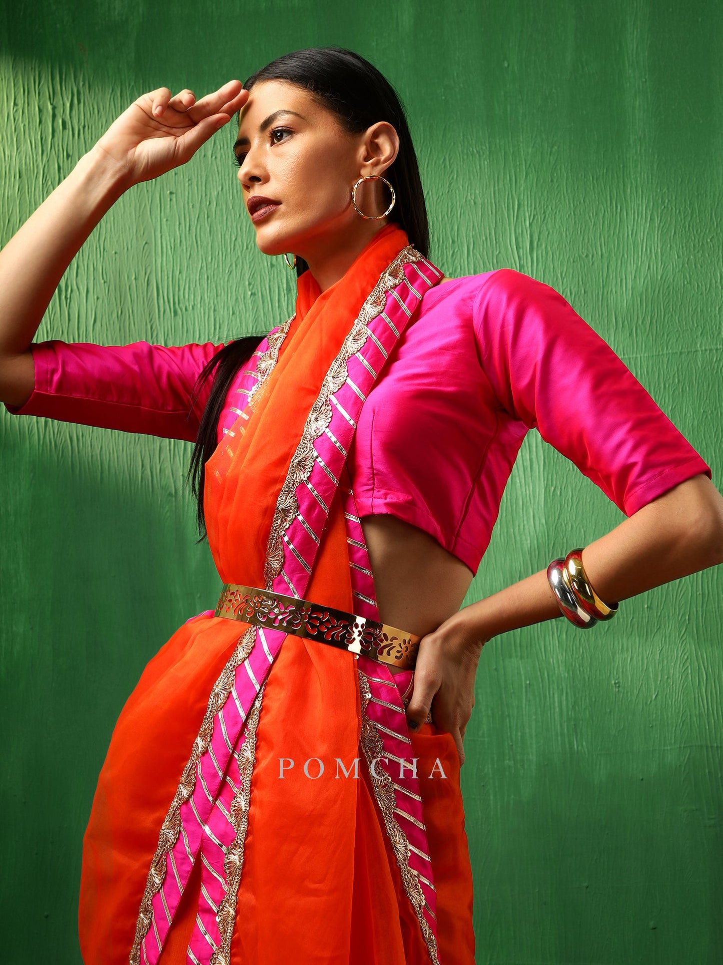 Adaa Pink Border Orange Organza Saree