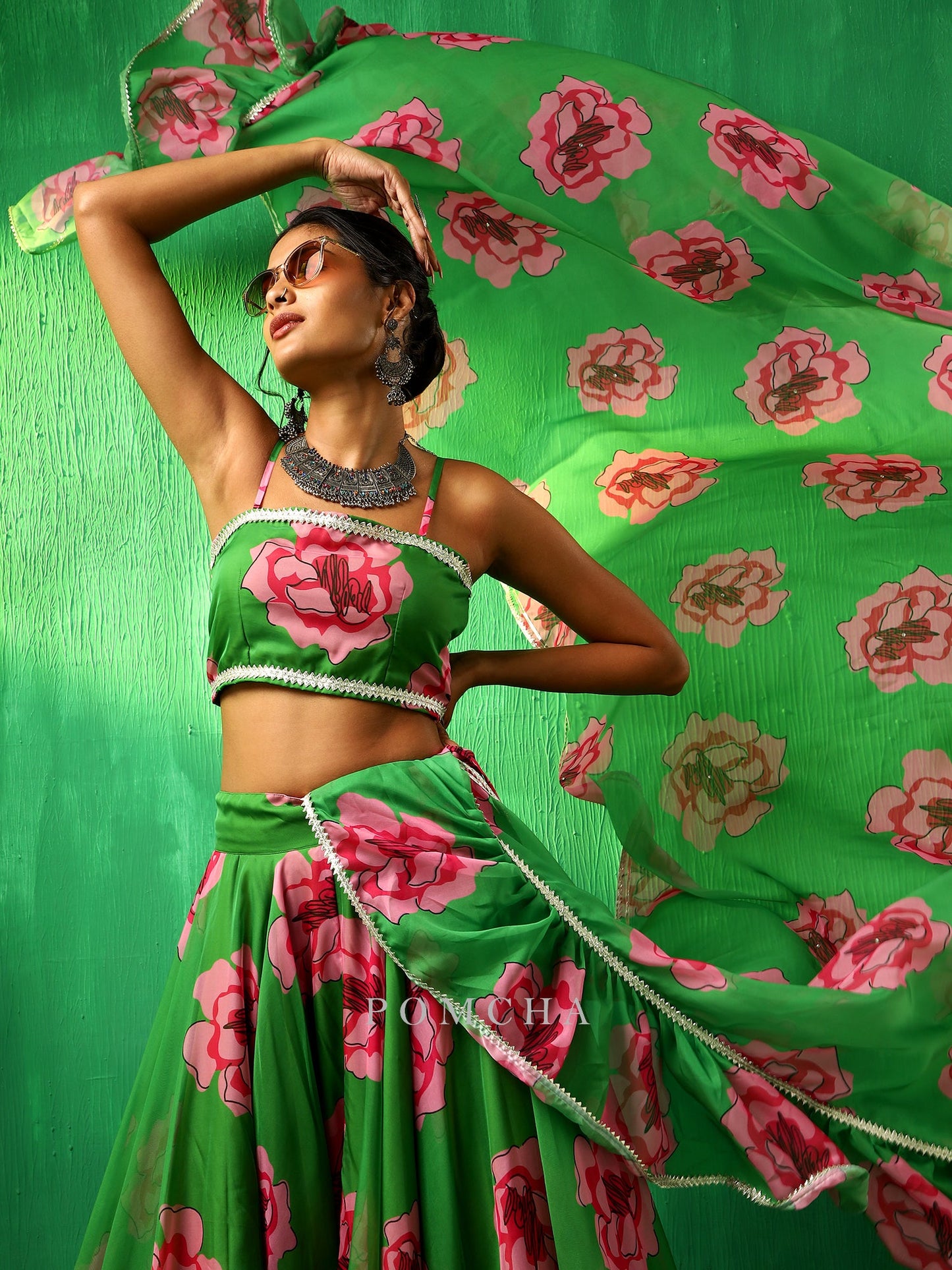 Adaa Green Carnation Organza Frill Lehenga With Organza Dupatta Set