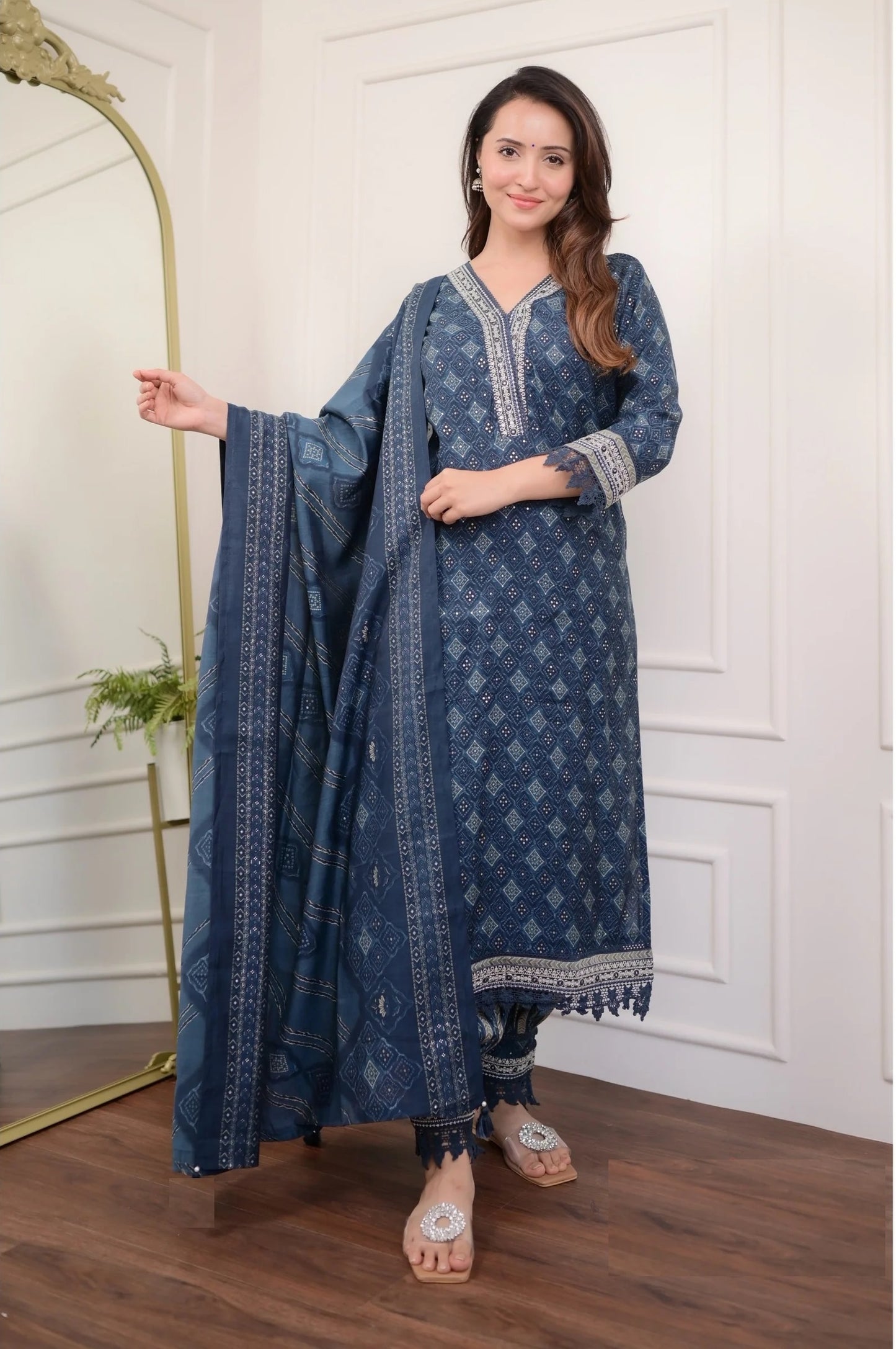 Women Viscose Navy Blue Kurta And Pant Set With Dupatta