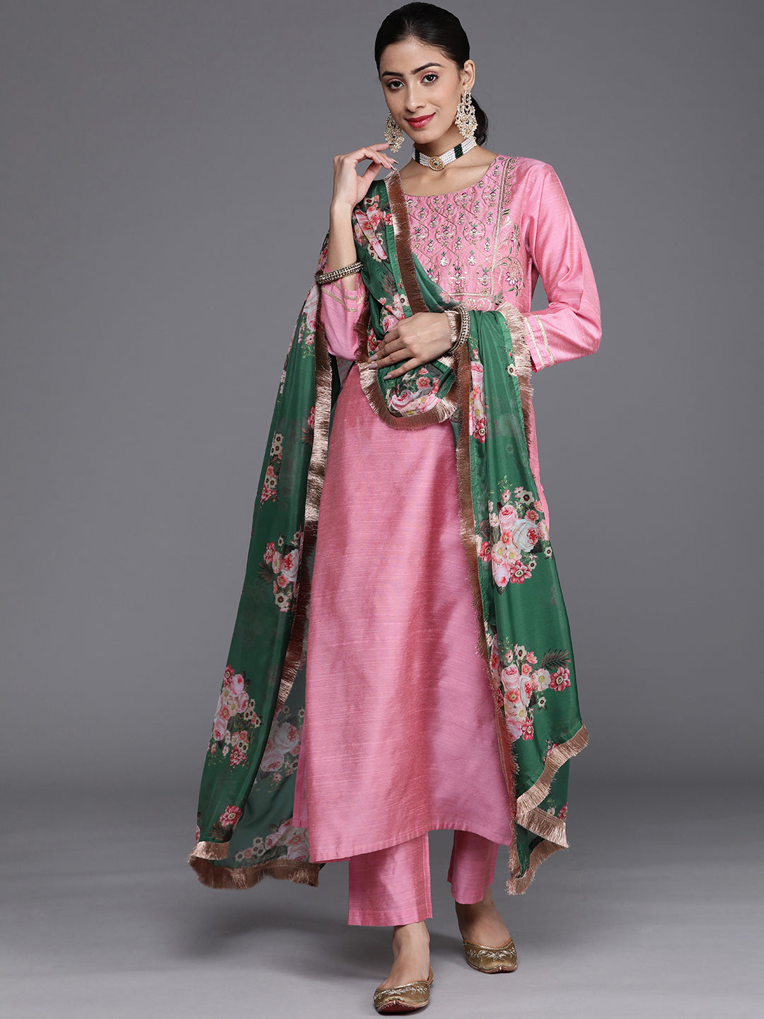 Dhiyona VR Women's Solid Kurta With Yoke Zari Sequins Embroidery Paired With Solid Pant And A Beautiful Organza Floral Dupatta With Zari Tassel