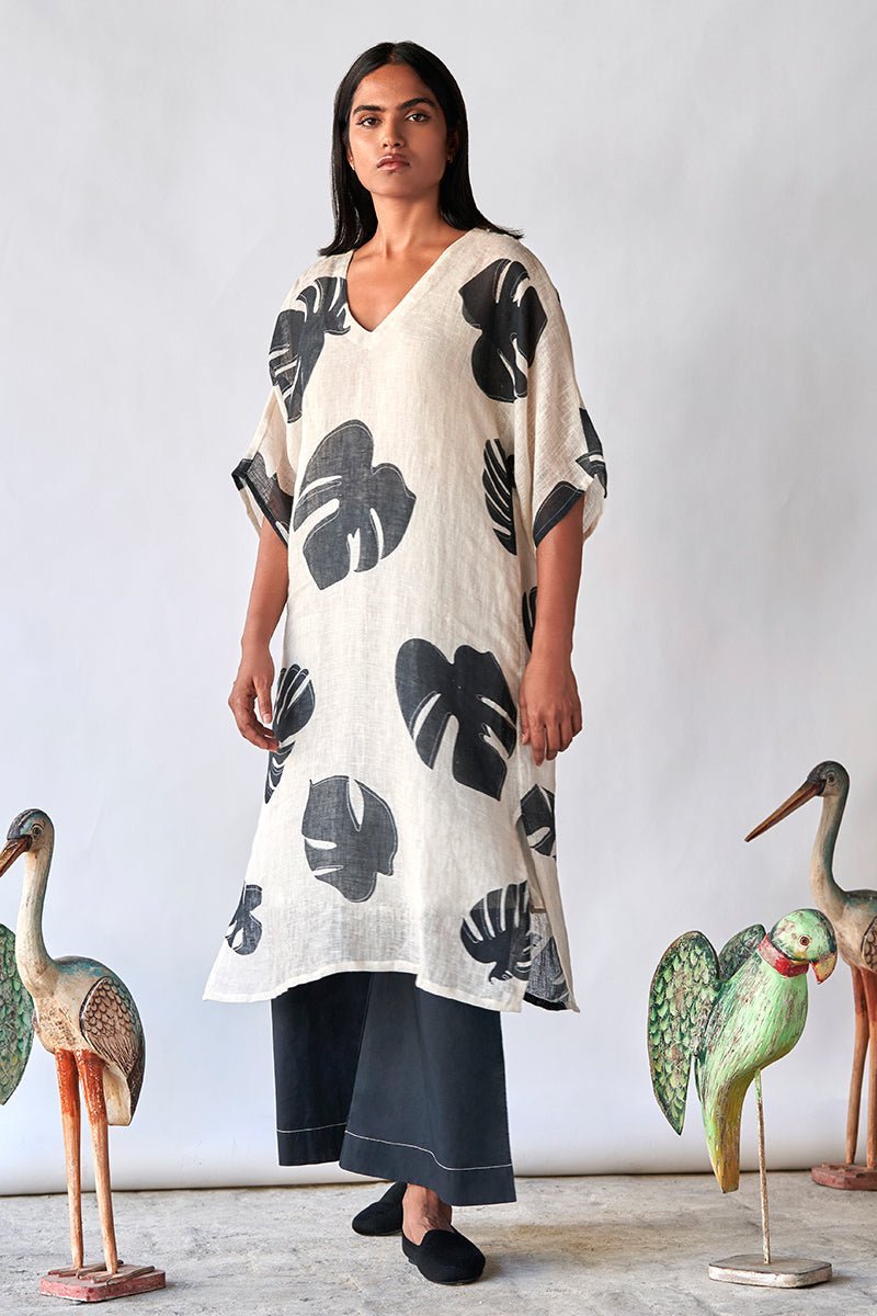 Women's Black and Tofu Leaf Printed Linen Co-ord Set