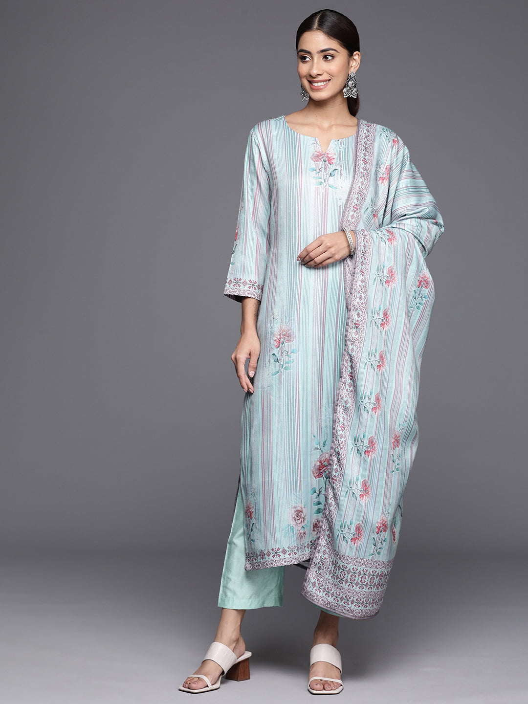 Dhiyona VR Women's Blue Stripe Printed Straight Kurta Paired With Tonal Bottom And Dupatta