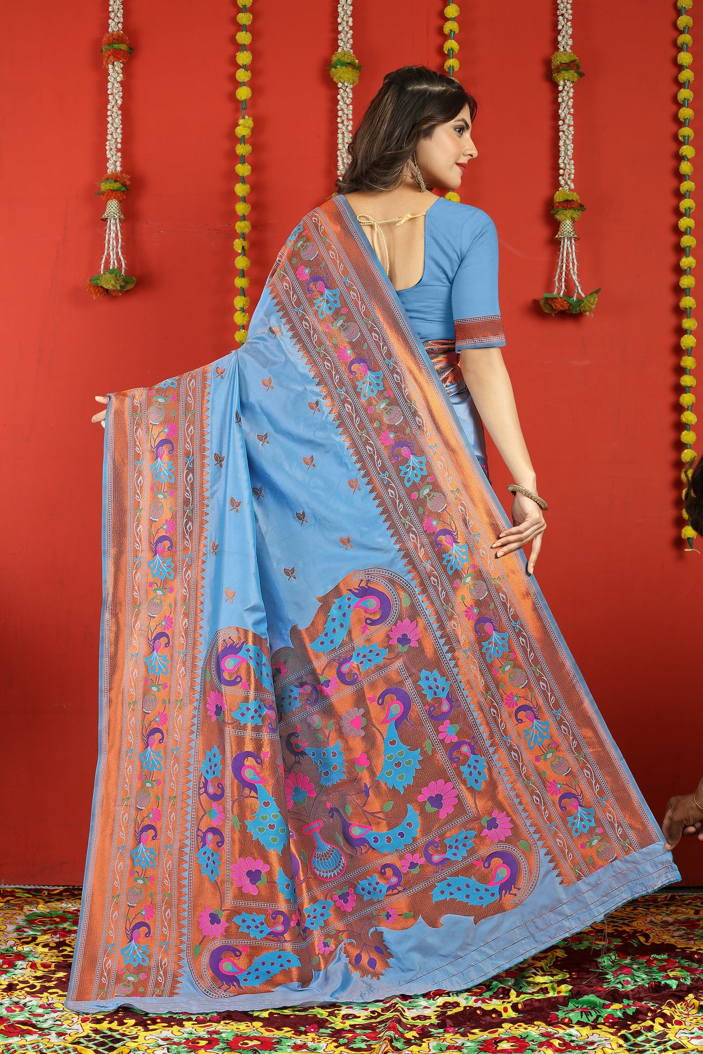 Dhiyona GR Women's Fancy Mor Sky Blue Zari Paithani Silk Saree