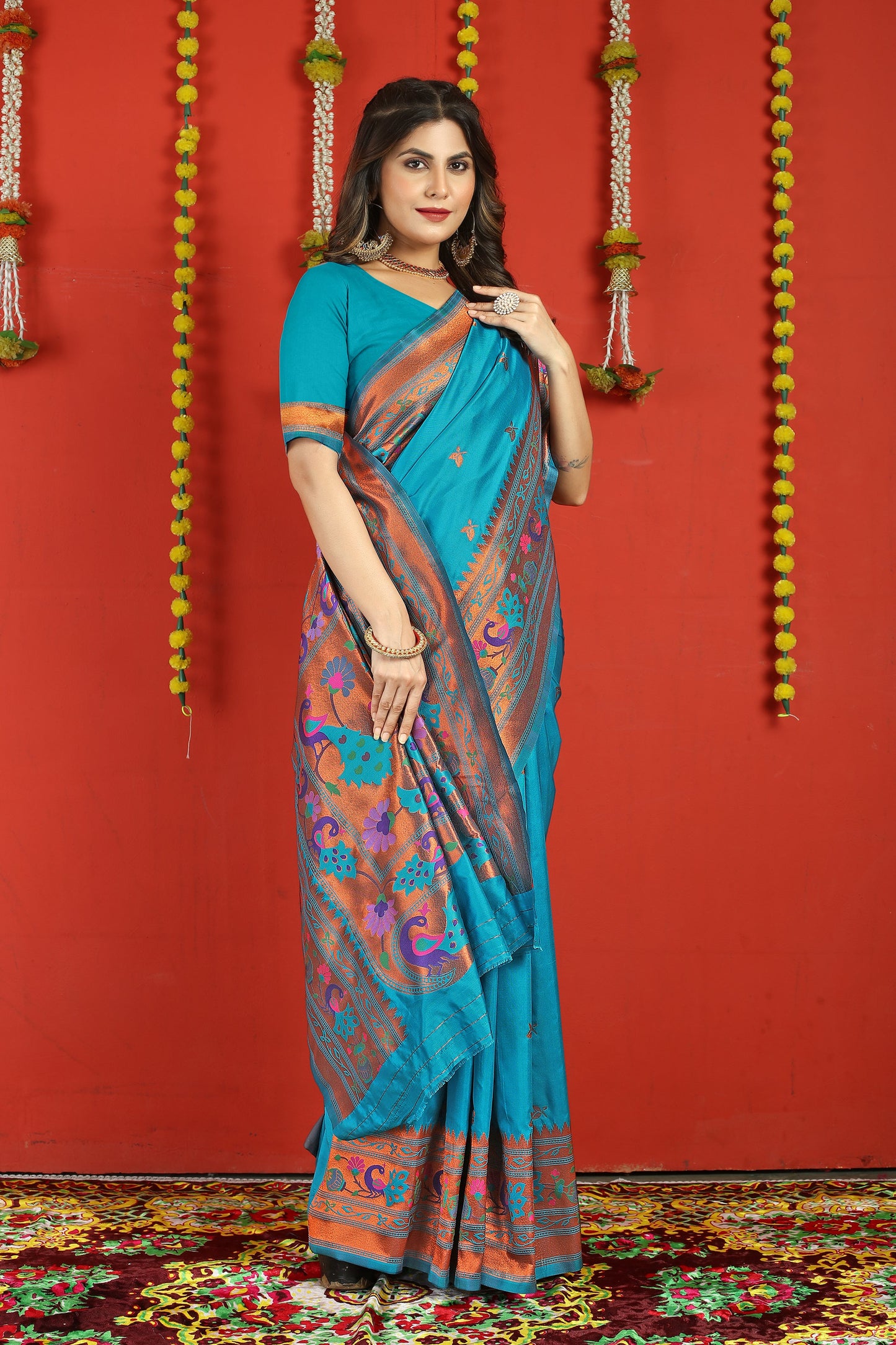 Dhiyona GR Women's Fancy Mor Cyan Blue Zari Paithani Silk Saree