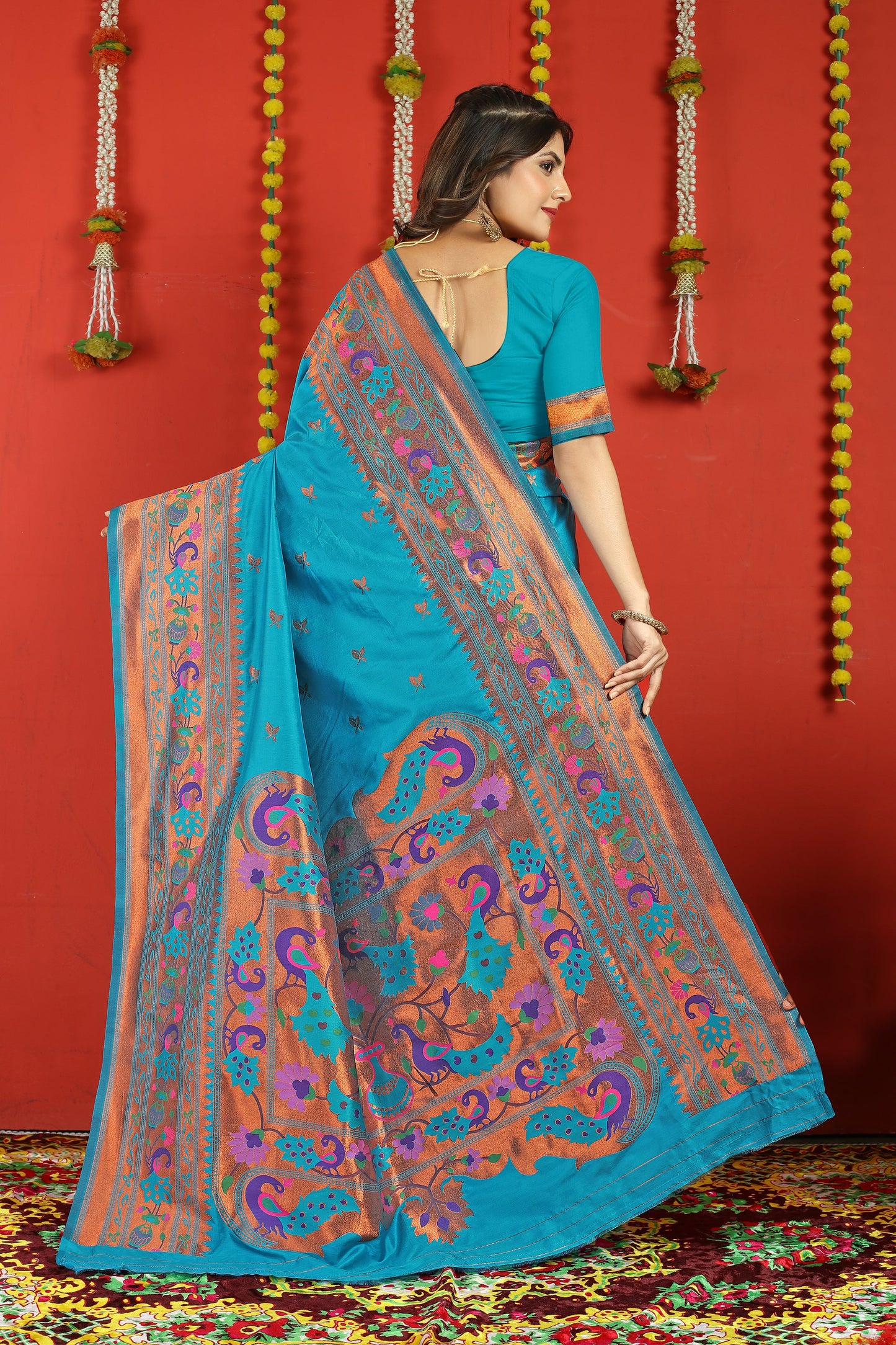 Dhiyona GR Women's Fancy Mor Cyan Blue Zari Paithani Silk Saree