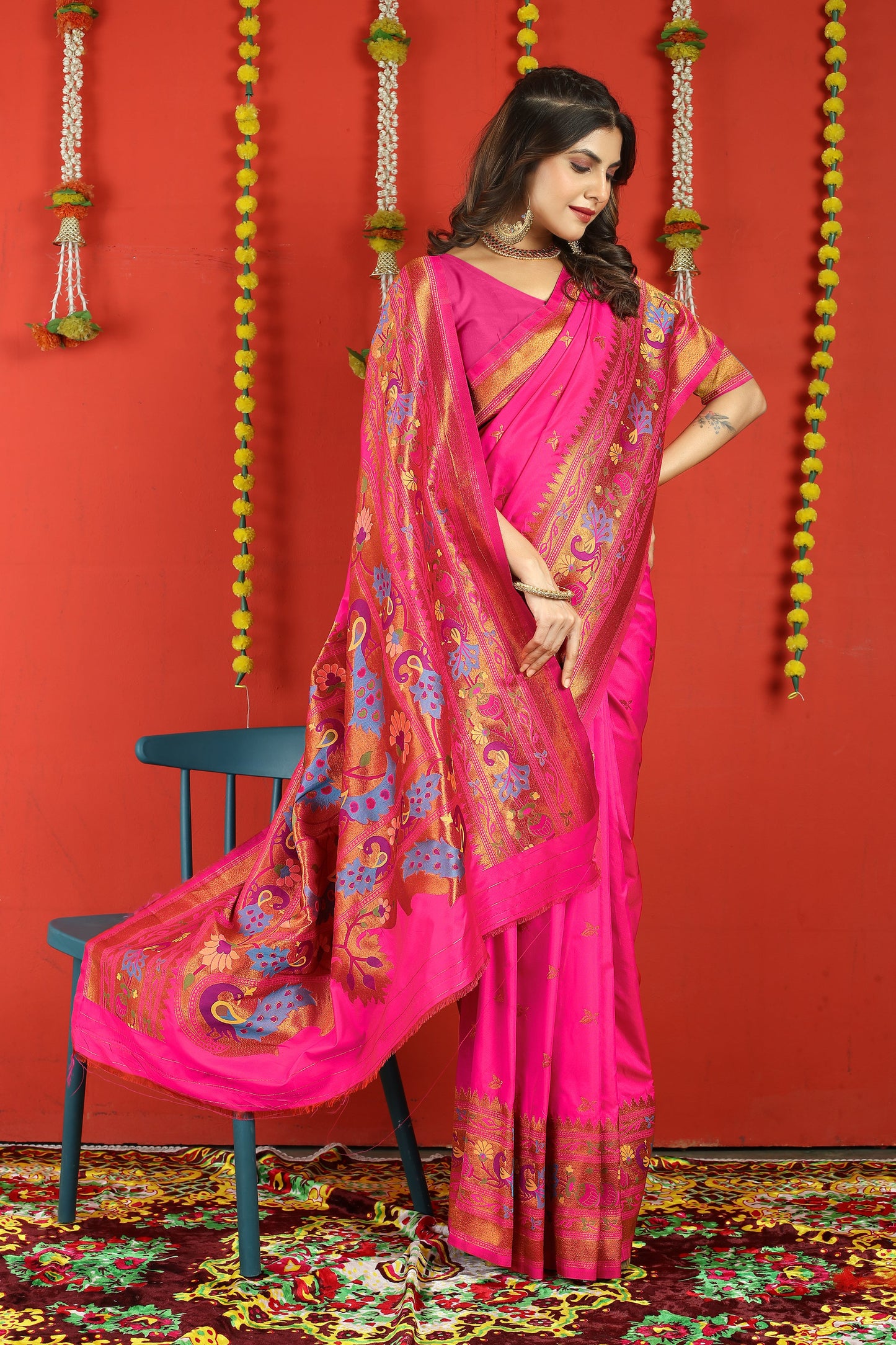 Dhiyona GR Women's Fancy Mor Hot Pink Zari Paithani Silk Saree