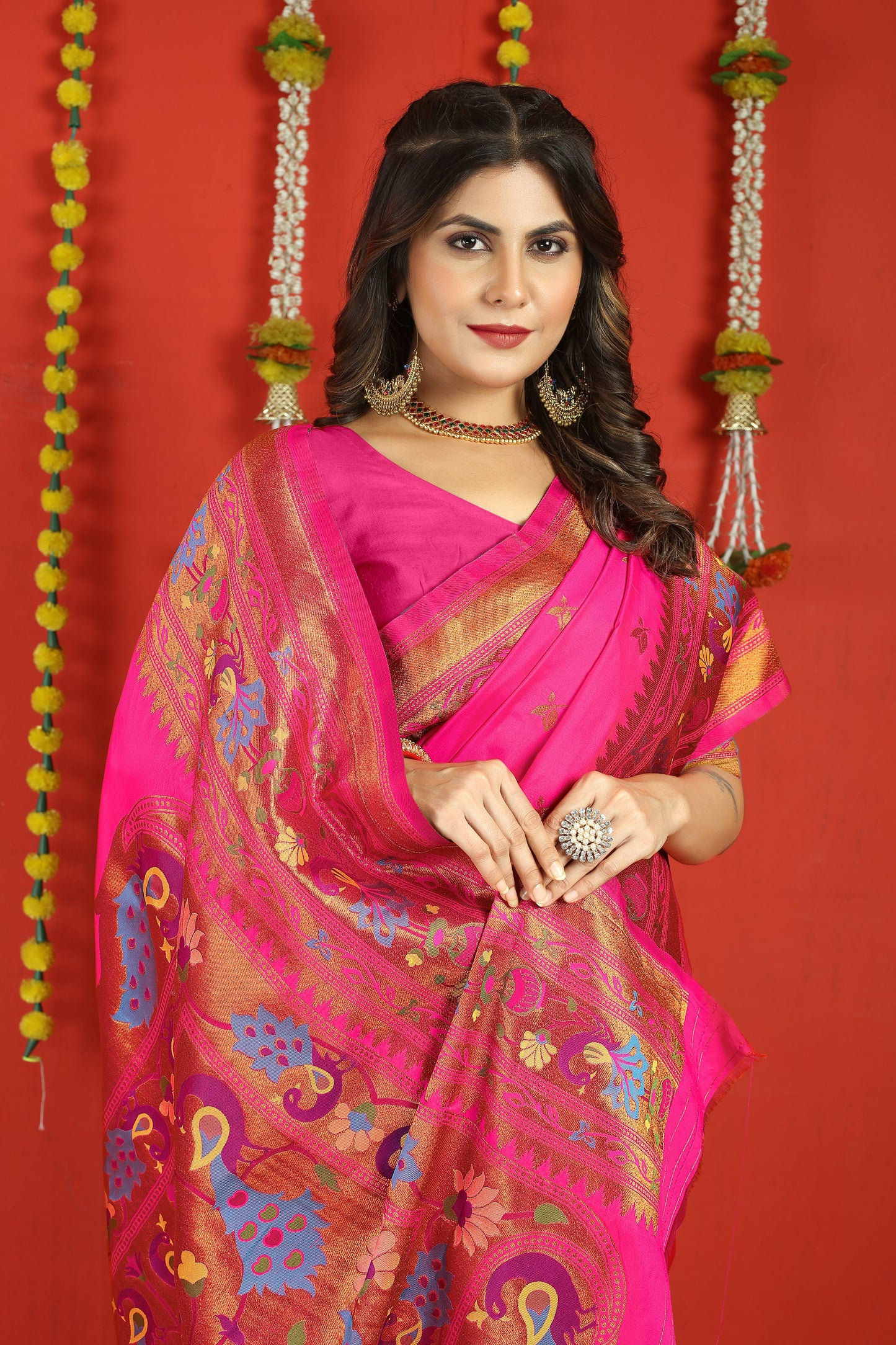 Dhiyona GR Women's Fancy Mor Hot Pink Zari Paithani Silk Saree