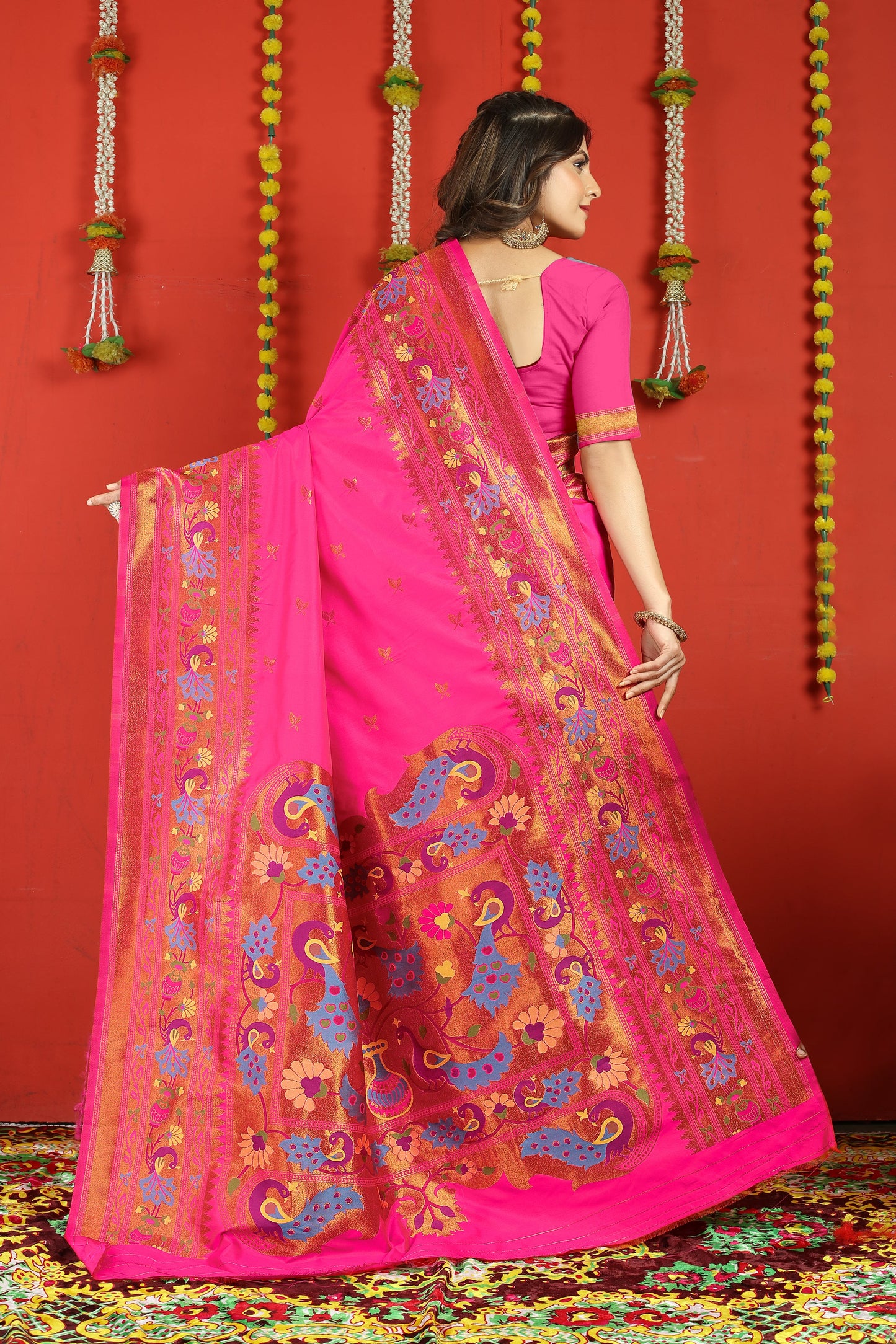 Dhiyona GR Women's Fancy Mor Hot Pink Zari Paithani Silk Saree