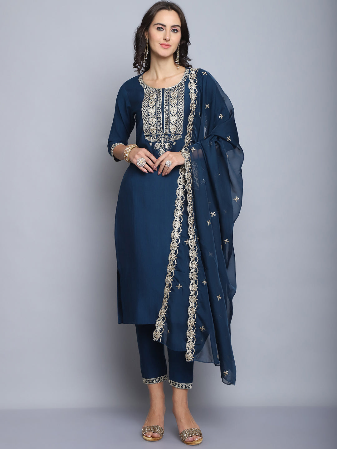 Women Navy Blue Embroidery silk Kurta And Pant Set With Dupatta