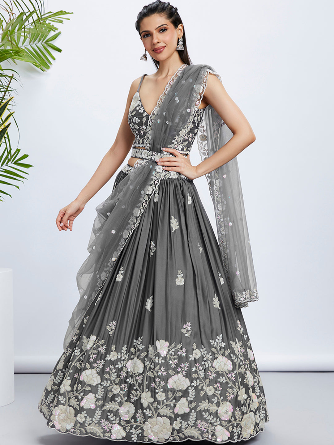 Women Grey Pure Georgette Sequins and thread embroidery Lehenga choli & Dupatta