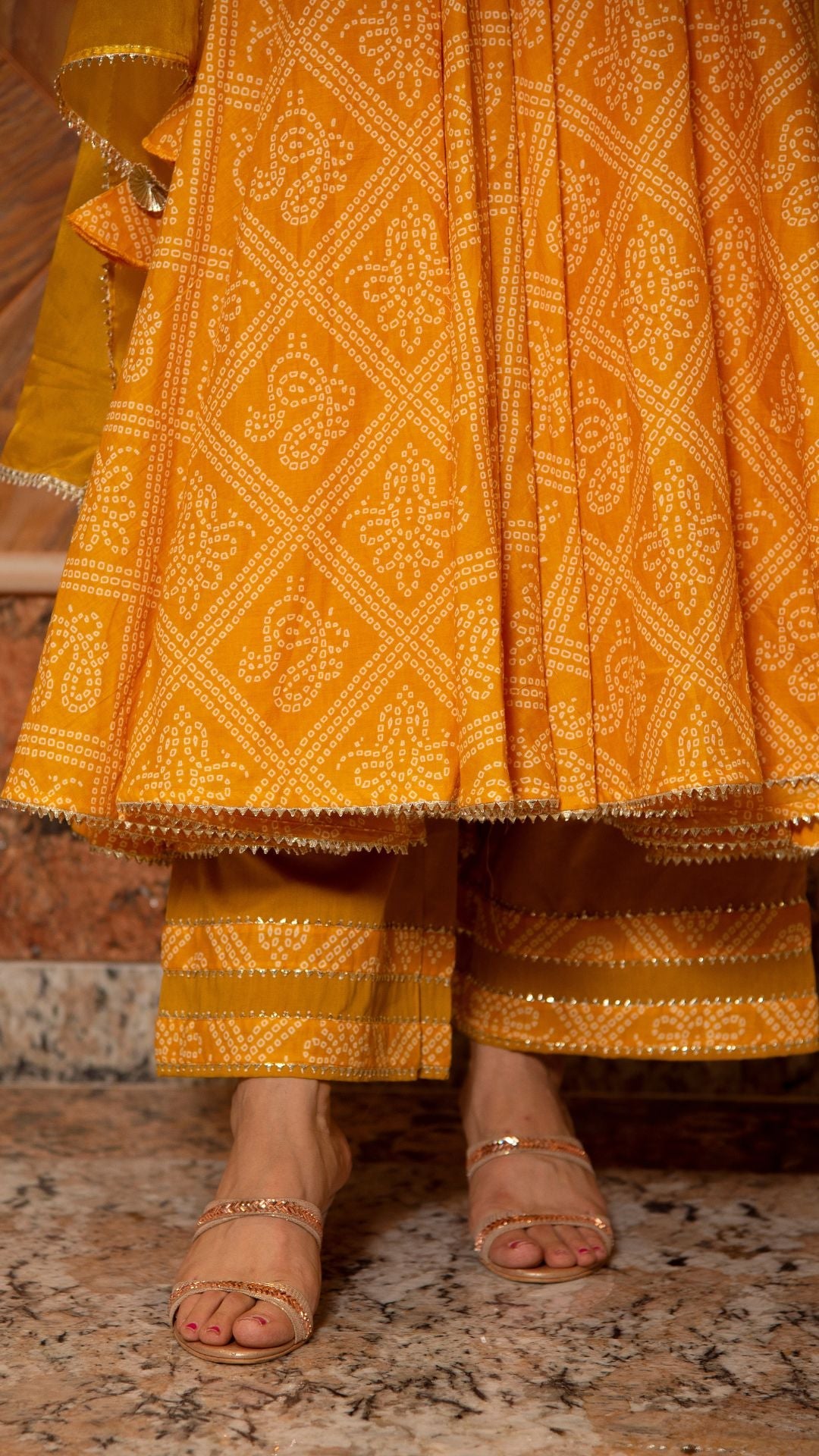Bandhej Yellow Cotton Anarkali Set