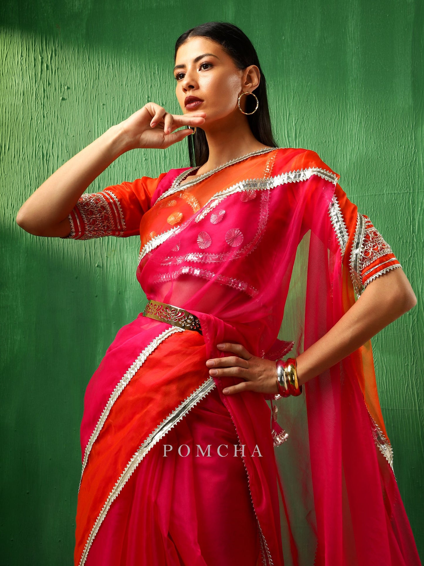 Adaa Orange Pink Double Shade Organza Saree