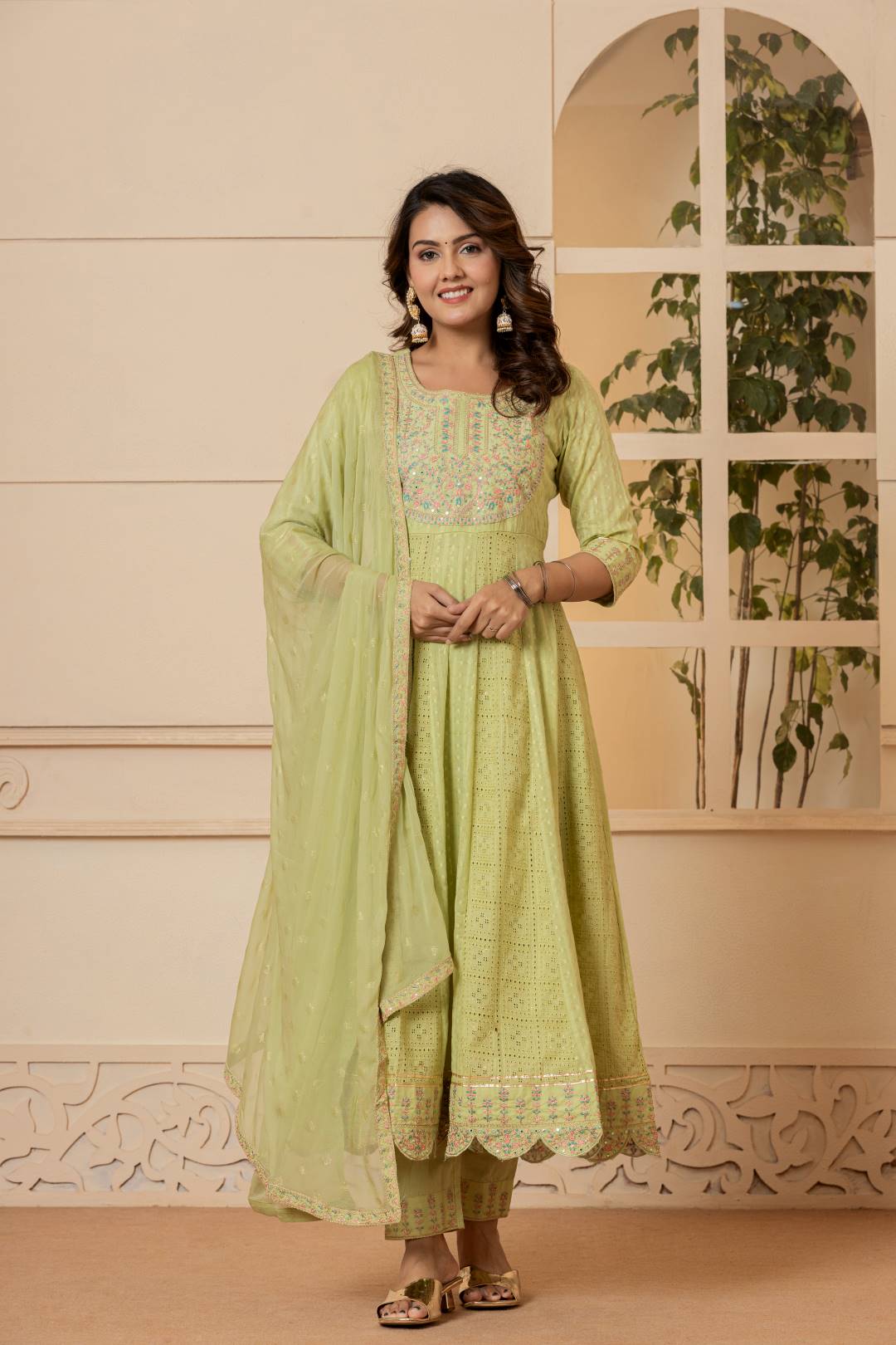Dhiyona VR Women's Lime Green Mirror And Thread Embroidered,Gotta Embellished Scalloped Schiffli Anarkali Kurta Paired Wirh Printed Bottom And Embroidered Dupatta